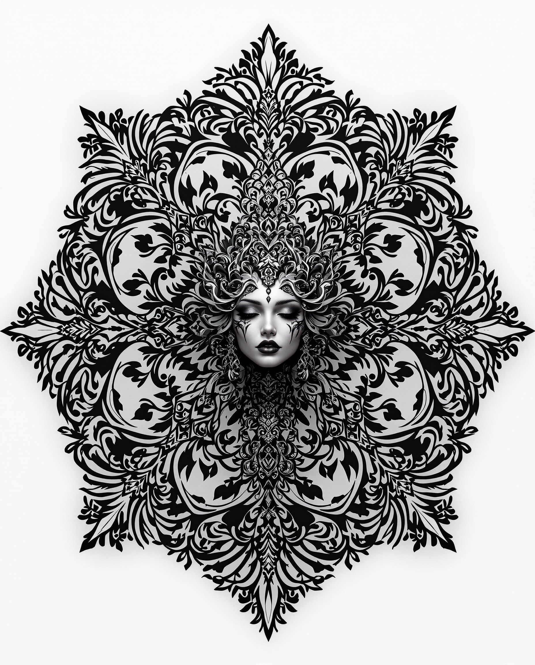 This image is a realistic photo (photograph) of a female real person striking example of digital art, with a focus on composition, lighting, and style that come together. CompositionThe composition is centered around a figure that is the focal point of the image. The figure is adorned with elaborate patterns and is the subject of the intricate designs that surround it. The patterns are symmetrical and repetitive, creating a sense of order and balance. The figure is positioned in a way that it is the central element, with the ornate patterns radiating outward, drawing the viewers eye from the figure to the background. The use of negative space is also a key element in the composition, as the white background allows the black and white patterns to stand out, creating a stark contrast that draws attention.LightingThe lighting in the image is dramatic and moody, with a focus on shadows and highlights that give depth and dimension to the piece. The lighting accentuates the textures and patterns on the figure and the background, creating a sense of three dimensionality. The lighting also adds to the overall atmosphere of the image, which is one of mystery and elegance.Style The style of the artwork is realistic, with a focus on detailed line work and shading that gives the piece a lifelike quality. The use of black and white color scheme adds to the dramatic and intense feel of the artwork, while the intricate patterns and designs give it a sense of complexity and depth. The overall style of the artwork is one that is both visually striking and thematically rich, inviting viewers to ponder the meaning behind the imagery.