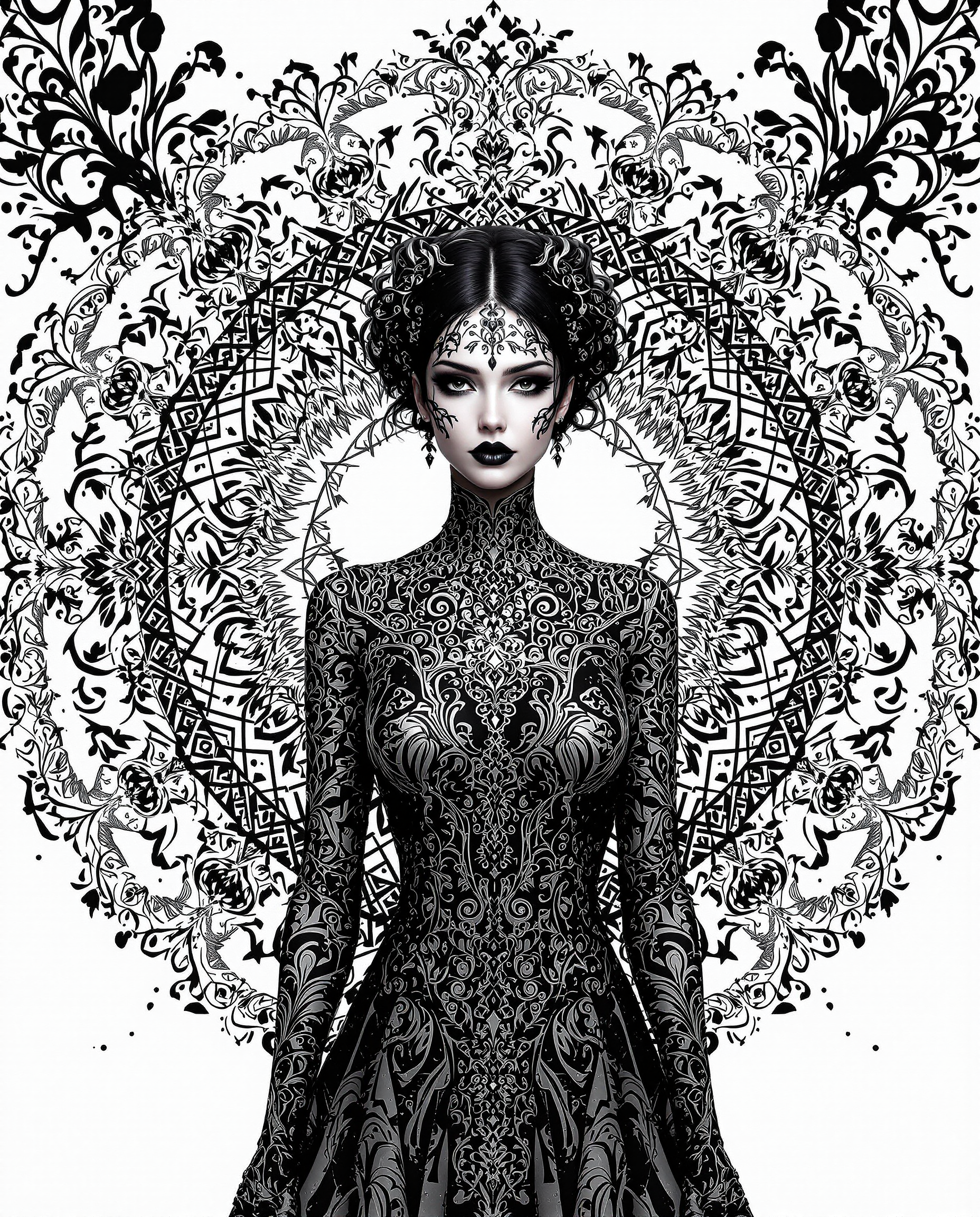 This image is a realistic photo (photograph) of a female real person striking example of digital art, with a focus on composition, lighting, and style that come together. CompositionThe composition is centered around a figure that is the focal point of the image. The figure is adorned with elaborate patterns and is the subject of the intricate designs that surround it. The patterns are symmetrical and repetitive, creating a sense of order and balance. The figure is positioned in a way that it is the central element, with the ornate patterns radiating outward, drawing the viewers eye from the figure to the background. The use of negative space is also a key element in the composition, as the white background allows the black and white patterns to stand out, creating a stark contrast that draws attention.LightingThe lighting in the image is dramatic and moody, with a focus on shadows and highlights that give depth and dimension to the piece. The lighting accentuates the textures and patterns on the figure and the background, creating a sense of three dimensionality. The lighting also adds to the overall atmosphere of the image, which is one of mystery and elegance.Style The style of the artwork is realistic, with a focus on detailed line work and shading that gives the piece a lifelike quality. The use of black and white color scheme adds to the dramatic and intense feel of the artwork, while the intricate patterns and designs give it a sense of complexity and depth. The overall style of the artwork is one that is both visually striking and thematically rich, inviting viewers to ponder the meaning behind the imagery.
