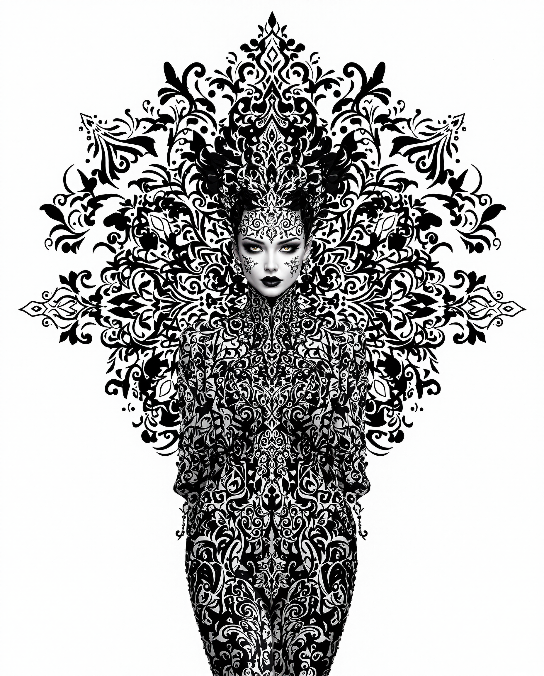 This image is a realistic photo (photograph) of a female real person striking example of digital art, with a focus on composition, lighting, and style that come together. CompositionThe composition is centered around a figure that is the focal point of the image. The figure is adorned with elaborate patterns and is the subject of the intricate designs that surround it. The patterns are symmetrical and repetitive, creating a sense of order and balance. The figure is positioned in a way that it is the central element, with the ornate patterns radiating outward, drawing the viewers eye from the figure to the background. The use of negative space is also a key element in the composition, as the white background allows the black and white patterns to stand out, creating a stark contrast that draws attention.LightingThe lighting in the image is dramatic and moody, with a focus on shadows and highlights that give depth and dimension to the piece. The lighting accentuates the textures and patterns on the figure and the background, creating a sense of three dimensionality. The lighting also adds to the overall atmosphere of the image, which is one of mystery and elegance.Style The style of the artwork is realistic, with a focus on detailed line work and shading that gives the piece a lifelike quality. The use of black and white color scheme adds to the dramatic and intense feel of the artwork, while the intricate patterns and designs give it a sense of complexity and depth. The overall style of the artwork is one that is both visually striking and thematically rich, inviting viewers to ponder the meaning behind the imagery.