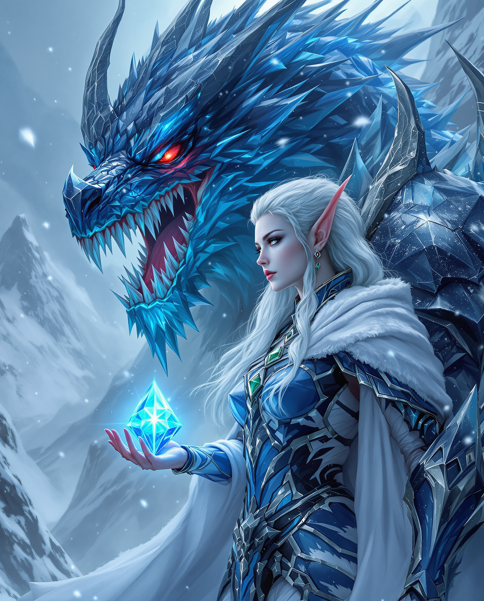 This is a realistic photo (photograph) of a female real person fantasy themed digital artwork, likely created with software such as Photoshop or a similar vector graphics editor. The art style is high fantasy, with a strong emphasis on detailed armor and mythical creatures, and it has a cinematic quality, suggesting it could be concept art for a video game or a movie.Medium The image is a digital painting, created on a computer using specialized software. The artist likely used a stylus or a mouse to apply brush strokes and digital paints.Colors The color palette is rich and varied, with a cool, icy blue and white theme that gives the image a wintry, otherworldly feel. The armor and the creature are predominantly shades of blue and black, with touches of green and silver accents. The red eyes of the creature and the glowing blue gem in the hand of the figure provide a stark contrast, drawing the viewers attention and adding to the dramatic effect.Objects in the Image1. The central figure is a female elf, dressed in a detailed, armored costume. The armor is primarily blue with black and silver accents, and it is adorned with green jewels. The elf has long, flowing white hair and pointed ears, and her skin is a pale, icy white. She is wearing a white cloak that billows around her, adding to the dynamic feel of the image.2. Behind the elf is a massive, menacing creature that resembles a dragon. It has a large, toothy maw, glowing red eyes, and sharp horns. The creatures scales are a mix of blue and white, and it has jagged, iciclelike protrusions on its body. It is surrounded by shards of ice and crystals, which enhance the icy, wintry atmosphere of the scene.3. The elf is holding a glowing blue gem in her hand. The gem is the focal point of the image, with a starburst effect that adds to the magical and otherworldly feel of the scene.4. The background is a snowy landscape, with jagged peaks and a swirling, icy mist. The falling snowflakes add to the wintry feel of the scene, and the overall composition of the image creates a sense of depth and movement.Overall, the image is a stunning example of high fantasy art, with a strong emphasis on detailed armor, mythical creatures, and a wintry, icy atmosphere. The use of color and composition creates a sense of drama and tension, and the overall effect is one of awe and wonder.