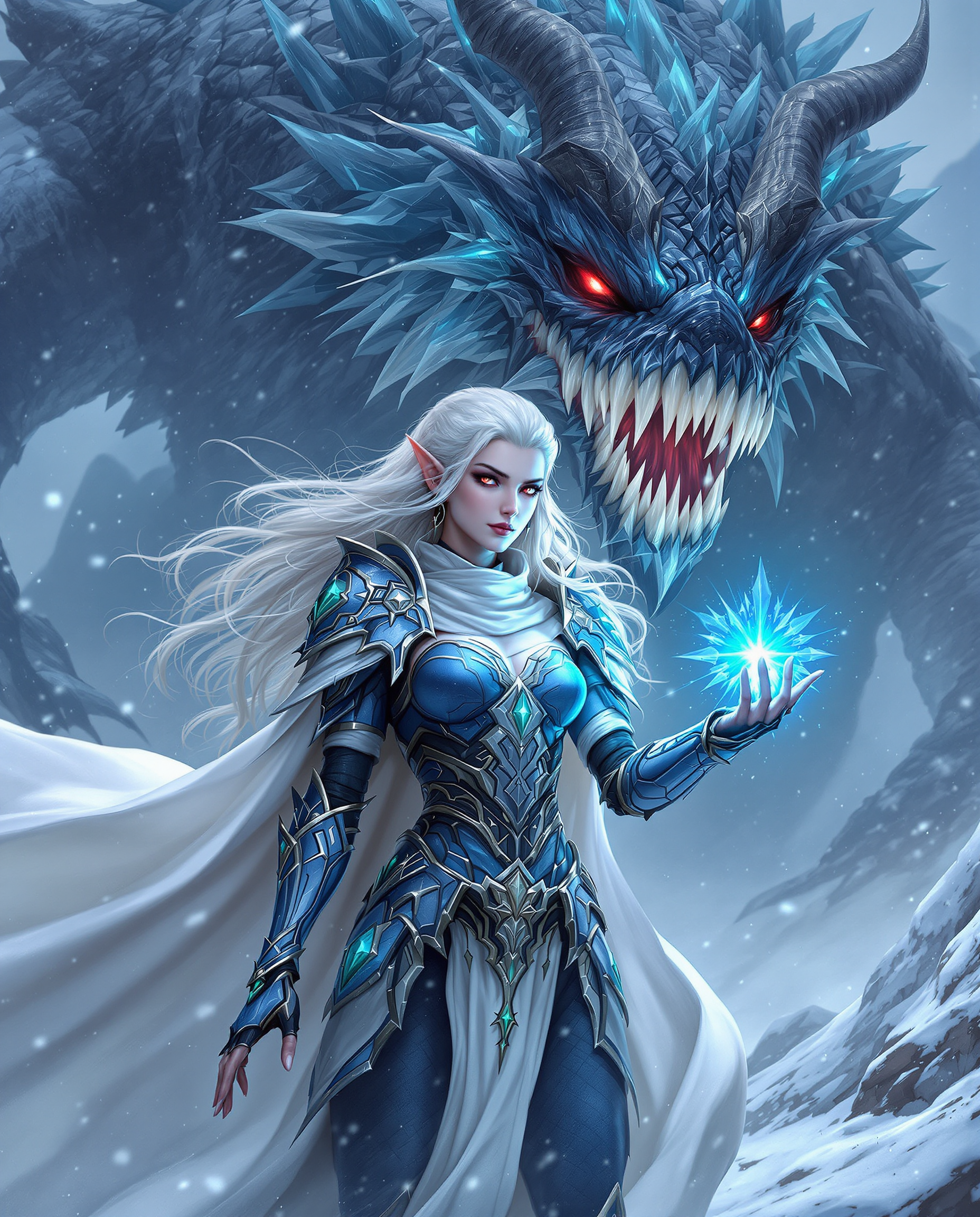 This is a realistic photo (photograph) of a female real person fantasy themed digital artwork, likely created with software such as Photoshop or a similar vector graphics editor. The art style is high fantasy, with a strong emphasis on detailed armor and mythical creatures, and it has a cinematic quality, suggesting it could be concept art for a video game or a movie.Medium The image is a digital painting, created on a computer using specialized software. The artist likely used a stylus or a mouse to apply brush strokes and digital paints.Colors The color palette is rich and varied, with a cool, icy blue and white theme that gives the image a wintry, otherworldly feel. The armor and the creature are predominantly shades of blue and black, with touches of green and silver accents. The red eyes of the creature and the glowing blue gem in the hand of the figure provide a stark contrast, drawing the viewers attention and adding to the dramatic effect.Objects in the Image1. The central figure is a female elf, dressed in a detailed, armored costume. The armor is primarily blue with black and silver accents, and it is adorned with green jewels. The elf has long, flowing white hair and pointed ears, and her skin is a pale, icy white. She is wearing a white cloak that billows around her, adding to the dynamic feel of the image.2. Behind the elf is a massive, menacing creature that resembles a dragon. It has a large, toothy maw, glowing red eyes, and sharp horns. The creatures scales are a mix of blue and white, and it has jagged, iciclelike protrusions on its body. It is surrounded by shards of ice and crystals, which enhance the icy, wintry atmosphere of the scene.3. The elf is holding a glowing blue gem in her hand. The gem is the focal point of the image, with a starburst effect that adds to the magical and otherworldly feel of the scene.4. The background is a snowy landscape, with jagged peaks and a swirling, icy mist. The falling snowflakes add to the wintry feel of the scene, and the overall composition of the image creates a sense of depth and movement.Overall, the image is a stunning example of high fantasy art, with a strong emphasis on detailed armor, mythical creatures, and a wintry, icy atmosphere. The use of color and composition creates a sense of drama and tension, and the overall effect is one of awe and wonder.