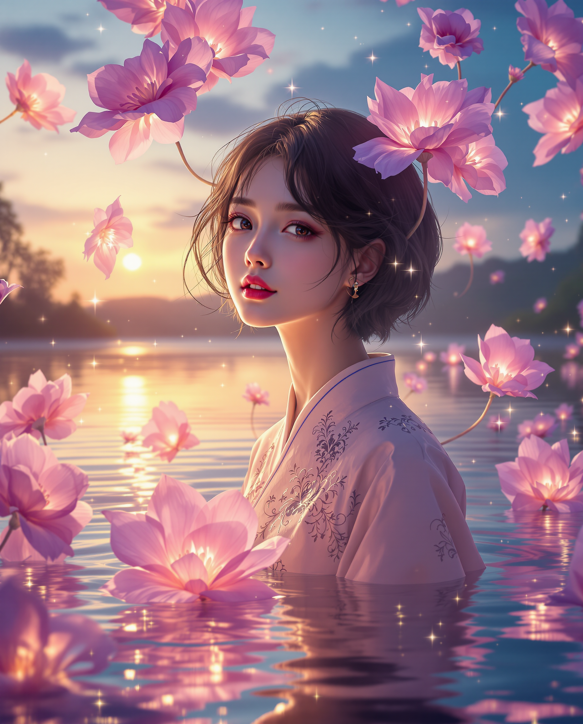 This image is a realistic photo (photograph) of a female real person digital artwork that exudes a surreal and dreamlike quality. The art style is reminiscent of a fantasy genre, with a focus on the interplay of light and shadow to create a sense of depth and dimension.The medium appears to be a digital painting, given the smooth gradients and seamless blending of colors. The image is rich in texture, from the roughness of the girls hair to the soft petals of the flowers.The colors in the image are vibrant and dynamic, with a predominance of purples, blues, and pinks. These colors are complemented by the warm glow of the flowers and the sparkling lights, which add contrast and a sense of otherworldliness. The lighting in the scene is particularly striking, with the sun casting a golden hue over the water and the girls skin, creating a luminous effect.The objects in the image include the girl, who is the central figure. She has short, dark hair and is wearing a traditional garment with intricate patterns. Her expression is serene and introspective, as if she is lost in thought or feeling a deep connection with the surrounding environment. The girl is surrounded by floating flowers, which are illuminated from within, giving them a soft, ethereal quality. The flowers are various shades of pink and purple, with some having a translucent quality that allows the light to pass through. There are also sparkling lights scattered throughout the scene, adding to the magical atmosphere.In the background, there is a body of water reflecting the sky and the lights from the flowers. The waters surface is calm, with gentle ripples that catch the light. Beyond the water, there is a silhouette of trees and a faint outline of the sky, which transitions from a deep blue to a warm orange hue, suggesting the time is either dawn or dusk.Overall, the image is a captivating blend of fantasy, nature, and light, inviting the viewer into a world where reality and imagination merge seamlessly.