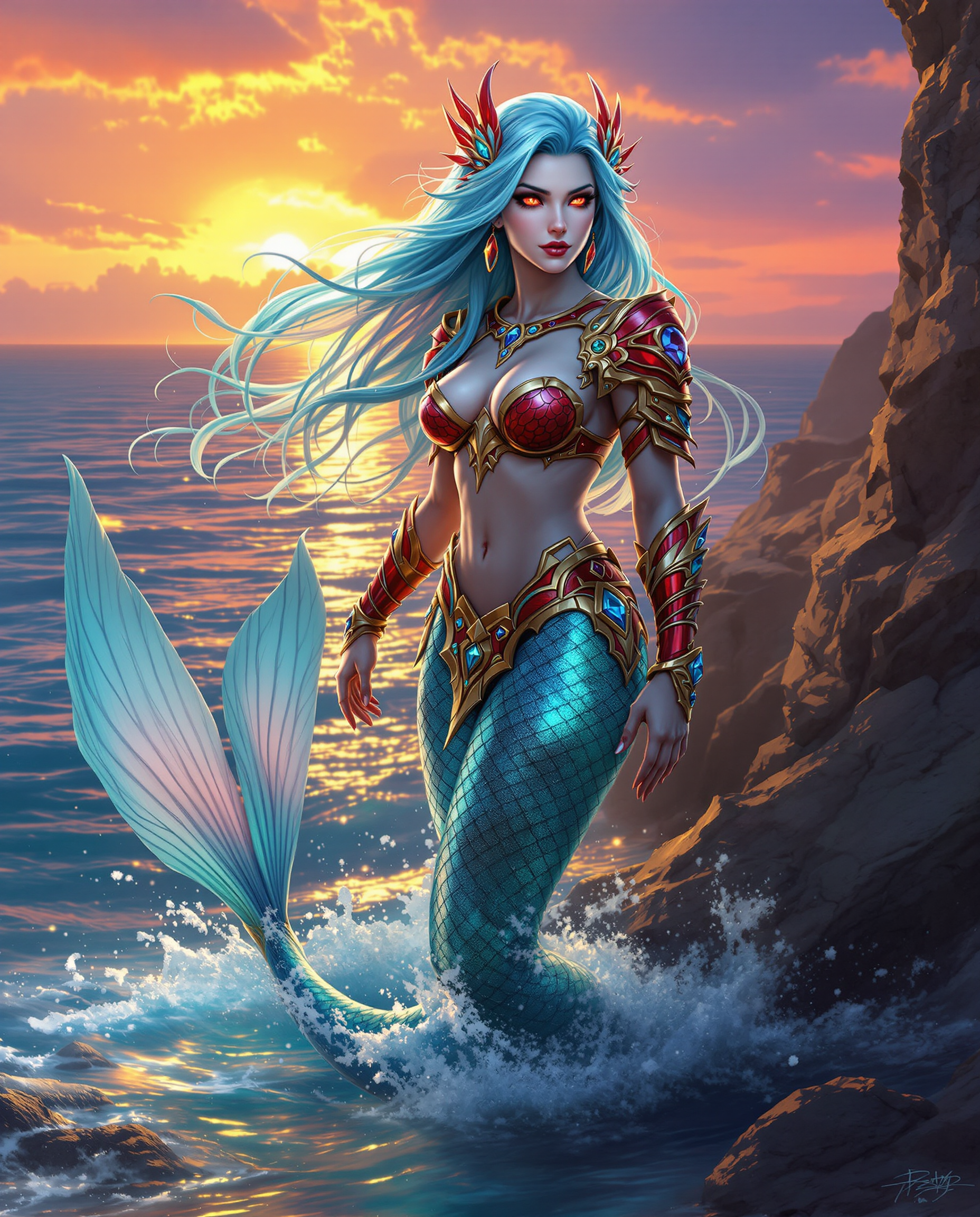 This is a realistic photo (photograph) of a female real person image of a fantastical character that appears to be a mermaid, with a blend of human and aquatic elements. The character is depicted in a dynamic pose, standing on rocky terrain that juts out of the water, with the oceans surface gently lapping around her feet.The mermaid has long, flowing hair that cascades down her back and shoulders, transitioning from a deep, aqua blue at the roots to a lighter, almost turquoise hue at the tips. The hair is adorned with ornate, red and gold accessories that resemble sea shells and seaweed, adding to the mythical allure of the character.Her skin is a pale, icy blue, which contrasts with the warm tones of the setting sun in the background. The mermaids eyes are a striking shade of red, which gives her a fierce and commanding presence. Her gaze is directed off to the side, giving the impression that she is watching something or someone of great interest.She is wearing a detailed, red and gold armor that covers her torso and arms, with intricate designs that suggest scales and aquatic motifs. The armor is adorned with various jewels and crystals, which catch the light and reflect the colors of the ocean. The armor is fitted closely to her body, highlighting her curves and muscular build.The mermaids tail is a shimmering, iridescent blue, with scales that shimmer in the sunlight. The tail flukes out behind her, with the tips curling upwards, as if she is caught in a moment of graceful movement.The background of the image is a stunning sunset, with the sky painted in shades of orange, pink, and purple. The sun is setting behind the horizon, casting a warm glow over the scene and highlighting the silhouette of the mermaid against the vibrant sky. The ocean mirrors the colors of the sunset, with gentle waves and ripples that catch the light.Overall, the art style of the image is digital fantasy, with a high level of detail and attention to color and light. The medium appears to be a digital painting, with a smooth texture and a realistic quality that brings the character and her surroundings to life. The colors are rich and vibrant, with a harmonious blend of cool blues and warm sunset hues that create a visually striking contrast. The objects in the image, such as the mermaids hair, armor, and tail, are intricately designed and rendered, with attention to texture and detail that gives them a lifelike quality.