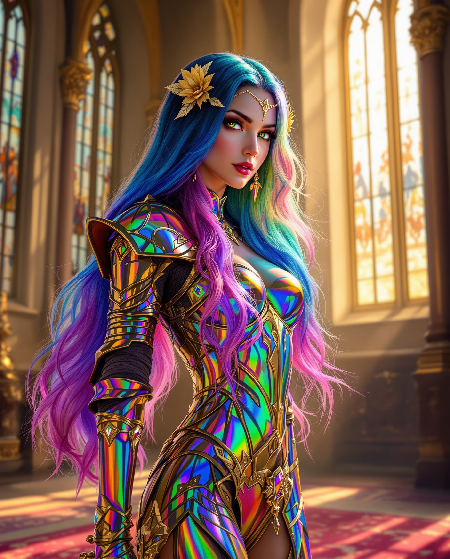 This is a realistic photo (photograph) of a female real person image that exudes a fantasy and realistic inspired art style. The medium appears to be digital painting, given the smooth blending of colors and the high level of detail. The colors are vibrant and rich, with a predominance of blues, purples, and pinks, which are complemented by the iridescent quality of the armor and the sword.The subject of the image is a female figure with long, flowing hair that transitions from a deep blue at the roots to a spectrum of rainbow colors at the tips. Her hair is adorned with golden accessories that resemble flowers or leaves, adding to the fantasy aesthetic. The figure is wearing a tightfitting, metallic armor that shimmers with a spectrum of colors, reminiscent of a chameleons scales. The armor is detailed with gold trim and embellishments, and the figure is also wearing a matching metallic sword with a similarly iridescent blade.The background is a grand, gothic interior with tall, arched windows that allow sunlight to stream in, casting a warm golden hue over the scene. The intricate stained glass windows and the ornate architecture contribute to the fantasy and historical ambiance of the setting. The floor is covered with a rich, patterned carpet that adds depth and texture to the composition.Overall, the image is a rich tapestry of fantasy elements, from the colorful hair and armor to the gothic architecture and the warm, golden light. The interplay of light and color, as well as the attention to detail, gives the image a dynamic and almost otherworldly quality. (iridescent, rainbow, gemstones & satin)
