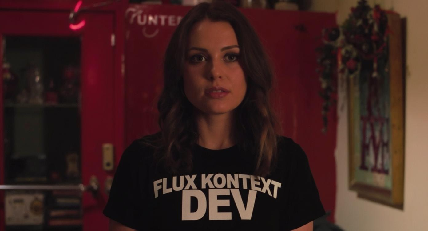 Example: An image of a woman wearing a shirt that says FLUX KONTEXT DEV