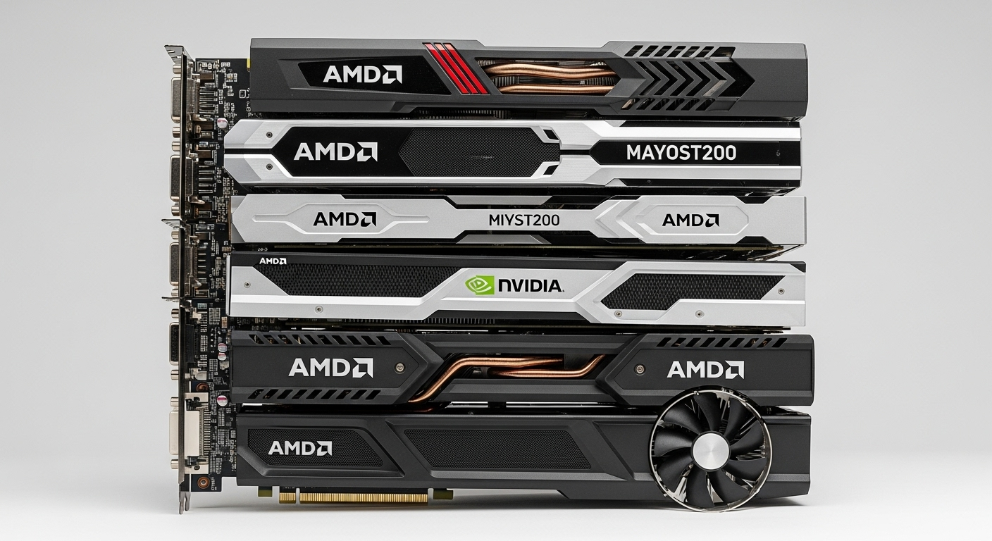 Example: A stack of AMD and Nvidia GPU's for a product review blog