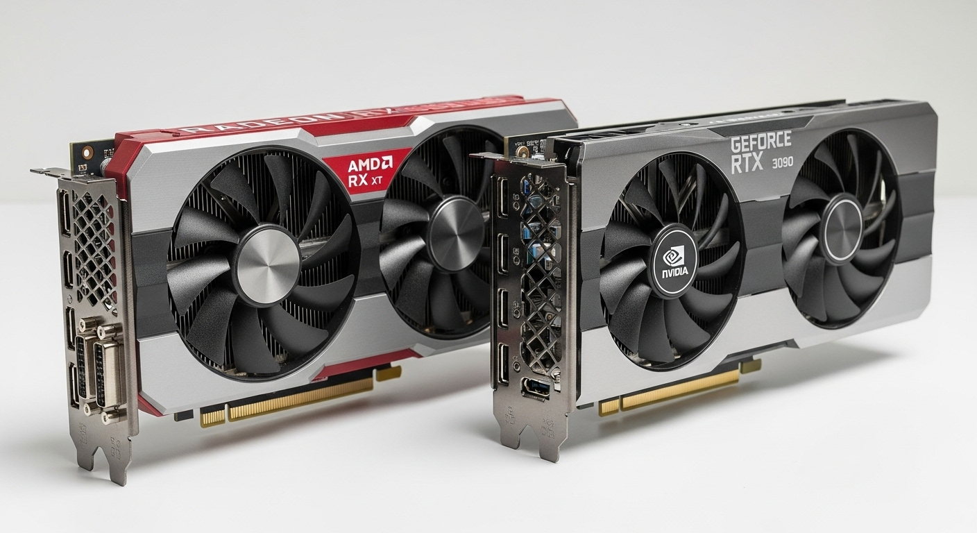 A photo of AMD and Nvidia GPU's for a product review blog