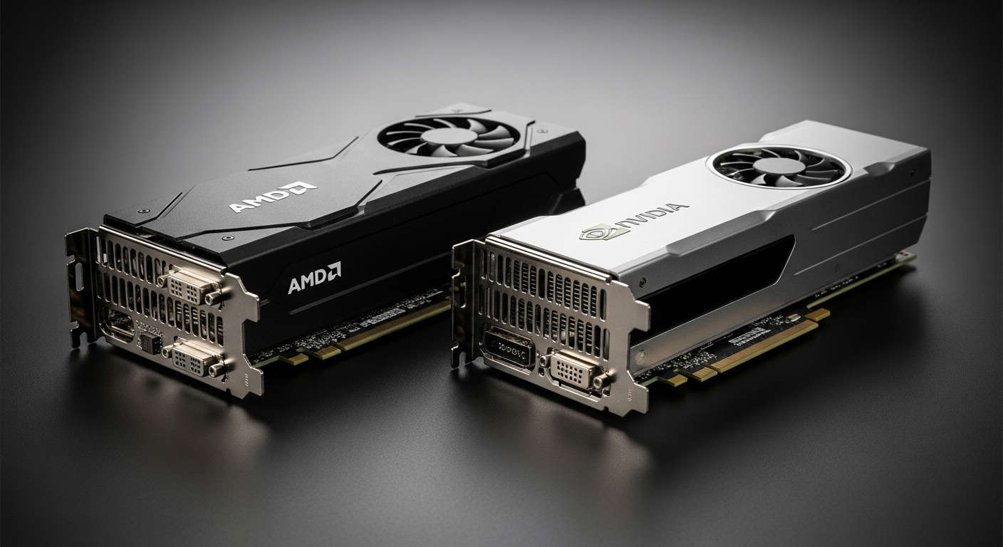 A photo of AMD and Nvidia GPU's for a product review blog