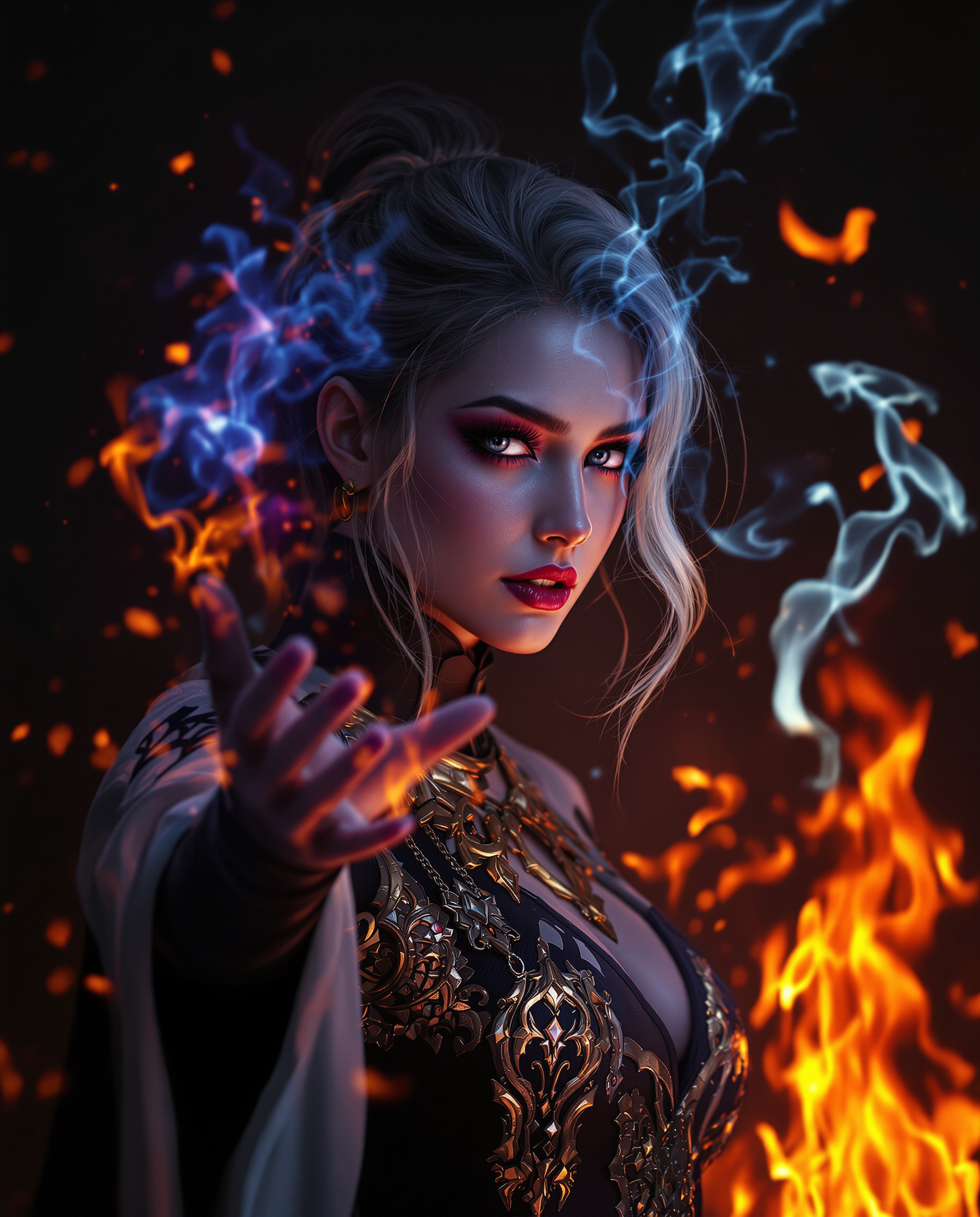 This image is a realistic photo (photograph) of a female real person richly detailed fantasy artwork that showcases a variety of artistic elements Composition The subject is placed offcenter to the right, which creates a dynamic tension and draws the viewers eye across the image. The use of negative space is masterful, with the dark, fiery background contrasting sharply with the lighter, cooler tones of the subject, emphasizing her as the focal point. The composition is balanced with a sense of depth, achieved through the layering of elements and the strategic placement of the subject in front of the flames. The perspective is slightly skewed, with the subjects hand and arm appearing elongated, which adds to the dramatic effect of the image.Lighting The lighting is dramatic and atmospheric, with a warm, fiery glow in the background that sets a fantasy and magical tone. The subject is illuminated from above, casting a soft light on her face and body, which creates a gentle contrast with the harsher light of the flames. The lighting accentuates the textures and details of the subjects attire and the magical energy she seems to be channeling. The play of light and shadow adds to the threedimensional quality of the image, giving the subject and the background a sense of volume and presence.Style The style is reminiscent of digital fantasy art, with a high level of detail and attention to texture and pattern. The use of vibrant colors and intricate designs gives the image a sense of otherworldliness and fantasy. The subject is styled in a way that suggests she might be a character from a video game or a comic book, with a mix of modern and fantasy elements in her costume. The overall style is cinematic, with a focus on creating a mood and a sense of narrative through visual storytelling.