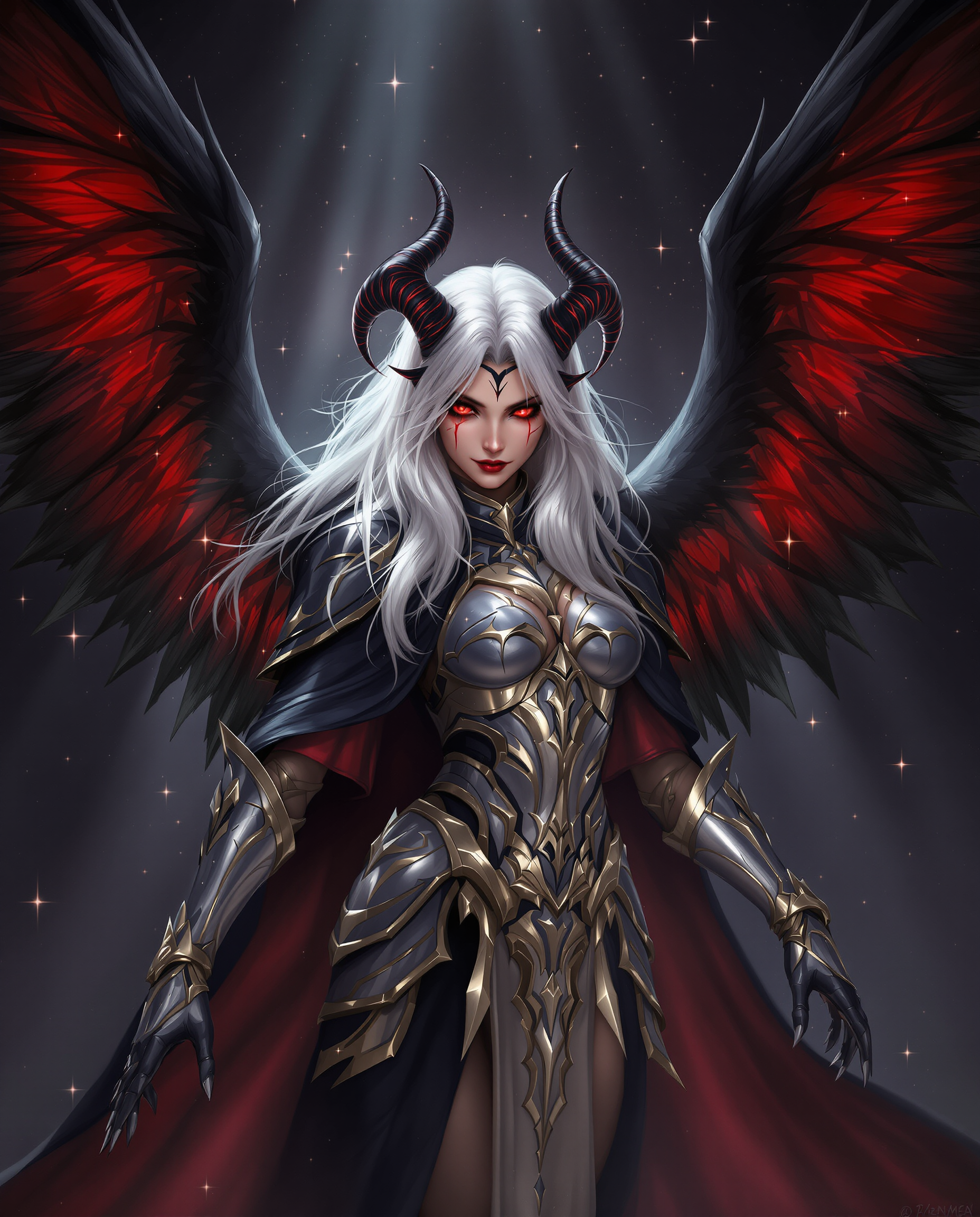 This image is a realistic photo (photograph) of a female real person digital artwork that features a female figure with a fantasy aesthetic. The art style is reminiscent of high fantasy, with a focus on detailed armor, wings, and a dramatic, almost cinematic quality. The medium appears to be a digital painting, given the smooth gradients and the lack of texture that one might find in traditional mediums.The colors in the image are rich and varied, with a dark, moody palette that is punctuated by vibrant reds and golds. The figure is clad in armor that is predominantly silver with gold trimmings, which gives it a regal and almost otherworldly appearance. The armor is adorned with intricate designs and patterns, and the figures attire includes a black and red cape that billows behind her.The figures hair is a long, flowing white that cascades down her back and shoulders, and it is adorned with a pair of hornlike protrusions that suggest a demonic or angelic nature. Her eyes are a piercing red, which adds to the intensity of her gaze and the overall menacing aura she exudes.She has large, expansive wings that are a mix of black and red, with a translucent quality that allows light to filter through, casting a glow on her skin and the surrounding area. The wings are detailed with featherlike patterns and are spread wide, giving the figure a sense of power and majesty.The background of the image is dark and starry, with rays of light piercing through, creating a contrast that highlights the figure and adds to the dramatic effect. There are also small, sparkling particles floating around, which contribute to the overall sense of magic and fantasy.Overall, the image is a powerful and evocative depiction of a fantasy character, rich in detail and color, and designed to capture the imagination and convey a sense of otherworldly grandeur.