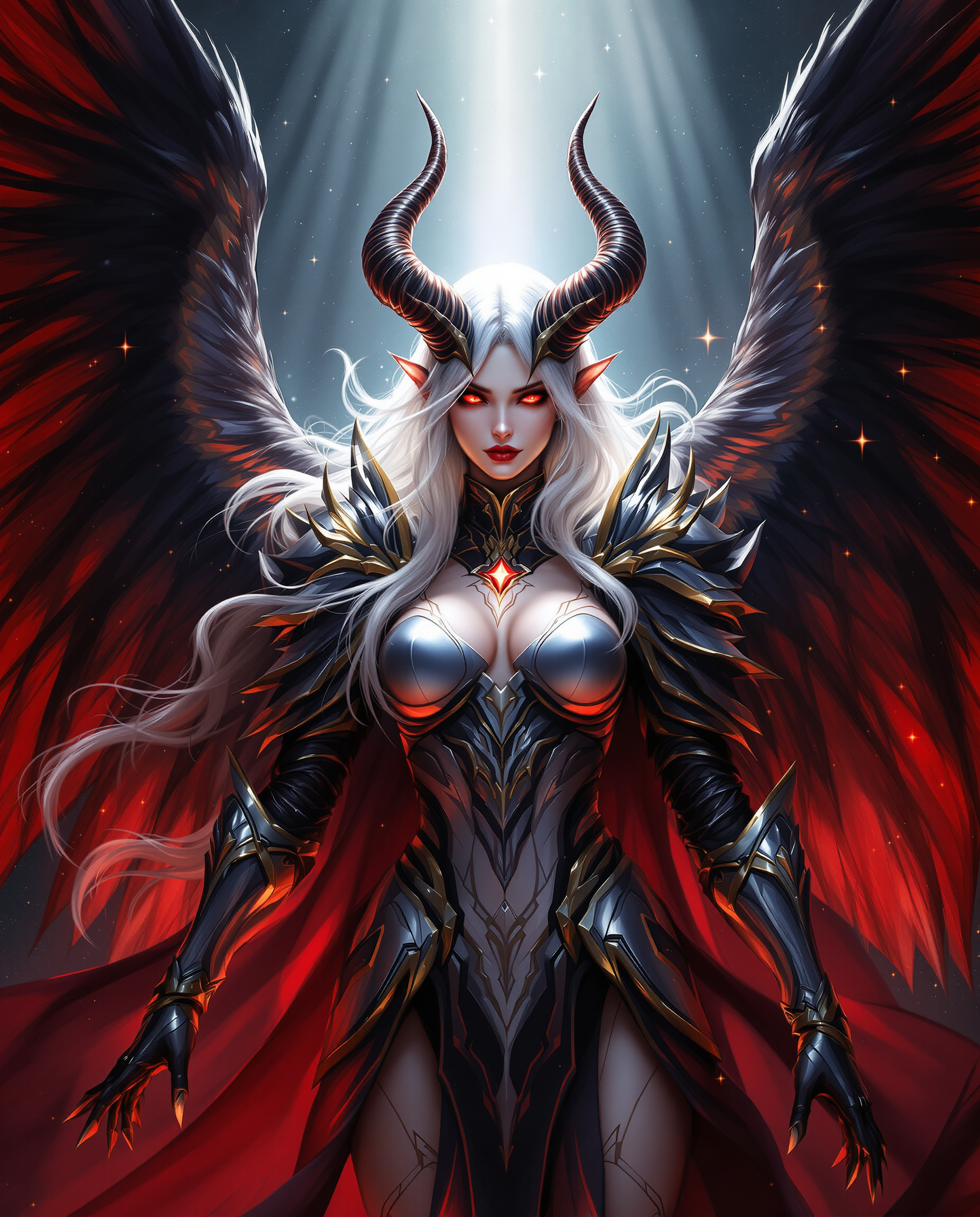 This image is a realistic photo (photograph) of a female real person digital artwork that features a female figure with a fantasy aesthetic. The art style is reminiscent of high fantasy, with a focus on detailed armor, wings, and a dramatic, almost cinematic quality. The medium appears to be a digital painting, given the smooth gradients and the lack of texture that one might find in traditional mediums.The colors in the image are rich and varied, with a dark, moody palette that is punctuated by vibrant reds and golds. The figure is clad in armor that is predominantly silver with gold trimmings, which gives it a regal and almost otherworldly appearance. The armor is adorned with intricate designs and patterns, and the figures attire includes a black and red cape that billows behind her.The figures hair is a long, flowing white that cascades down her back and shoulders, and it is adorned with a pair of hornlike protrusions that suggest a demonic or angelic nature. Her eyes are a piercing red, which adds to the intensity of her gaze and the overall menacing aura she exudes.She has large, expansive wings that are a mix of black and red, with a translucent quality that allows light to filter through, casting a glow on her skin and the surrounding area. The wings are detailed with featherlike patterns and are spread wide, giving the figure a sense of power and majesty.The background of the image is dark and starry, with rays of light piercing through, creating a contrast that highlights the figure and adds to the dramatic effect. There are also small, sparkling particles floating around, which contribute to the overall sense of magic and fantasy.Overall, the image is a powerful and evocative depiction of a fantasy character, rich in detail and color, and designed to capture the imagination and convey a sense of otherworldly grandeur.