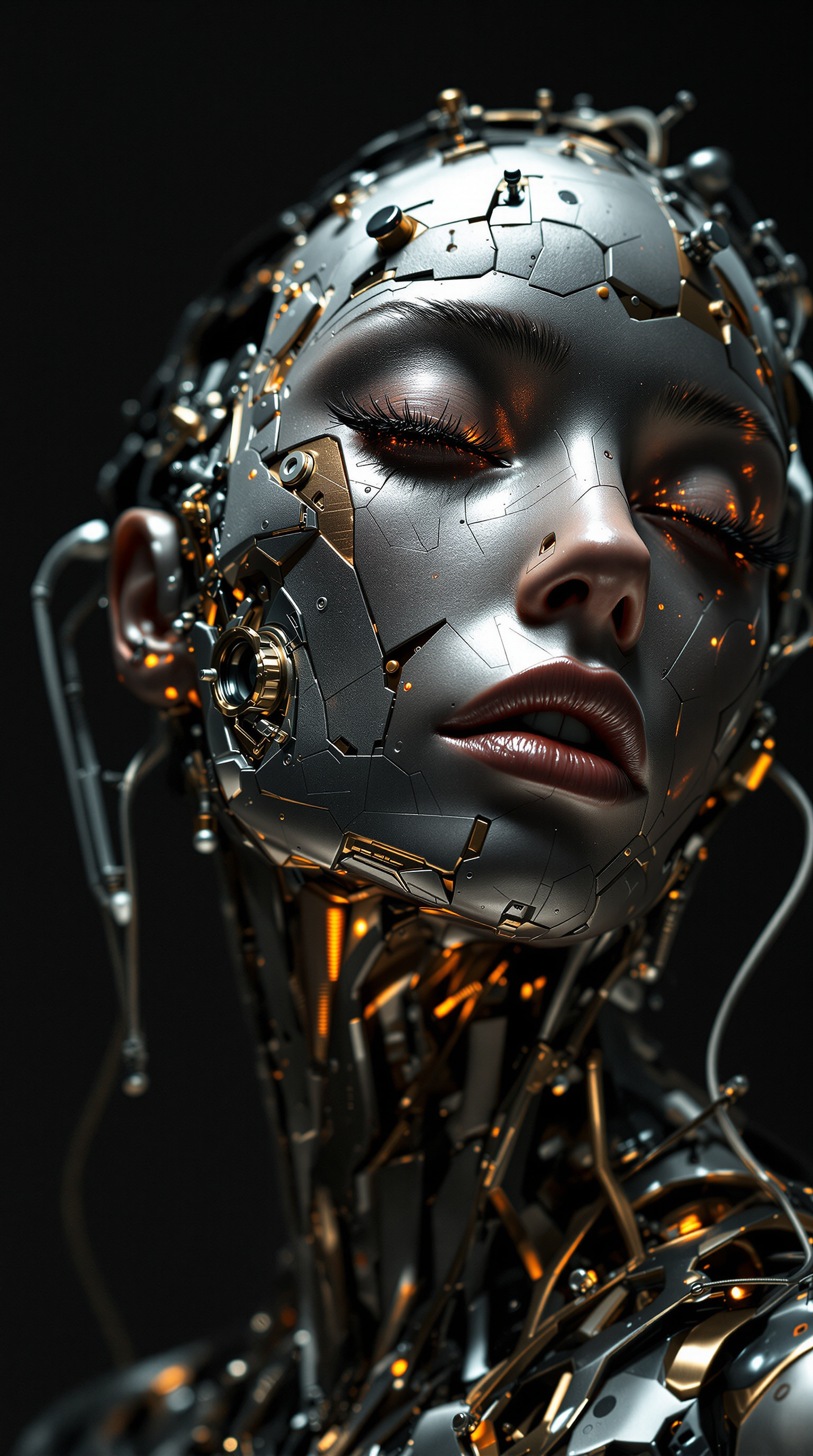 A striking fusion of organic and mechanical perfection, the full-body cyborg woman emerges as a mesmerizing symphony of artistry and precision. Her form is a breathtaking collage—an intricate dance between geometric abstraction and cubist distortions, evoking the surreal craftsmanship of Jan Švankmajer. Every metallic contour, every synthetic joint, pulses with life, illuminated by an exquisite interplay of light and shadow.
Her presence is bold yet haunting, captured with hyperrealistic detail in a stunning homage to the visionary strokes of Enki Bilal. The textures gleam under the studio lights—metal, ceramic, and bio-synthetic skin converging in a divine masterpiece, each element an extension of futuristic elegance. The composition is luscious and mesmeric, luring the viewer into an irresistible dreamscape where technology and humanity blur.
As the lens zooms in, the macro photography of Miki Asai unveils the hyper-detailed intricacies—a whispered testament to the sharp craftsmanship defining each rivet, each delicate imperfection. The entire image resonates with an ethereal, almost hypnotic quality, capturing a sense of raw emotion infused within steel. Trending across ArtStation, its impact is undeniable—a glorious vision of transcendence, elegance, and cybernetic allure.
