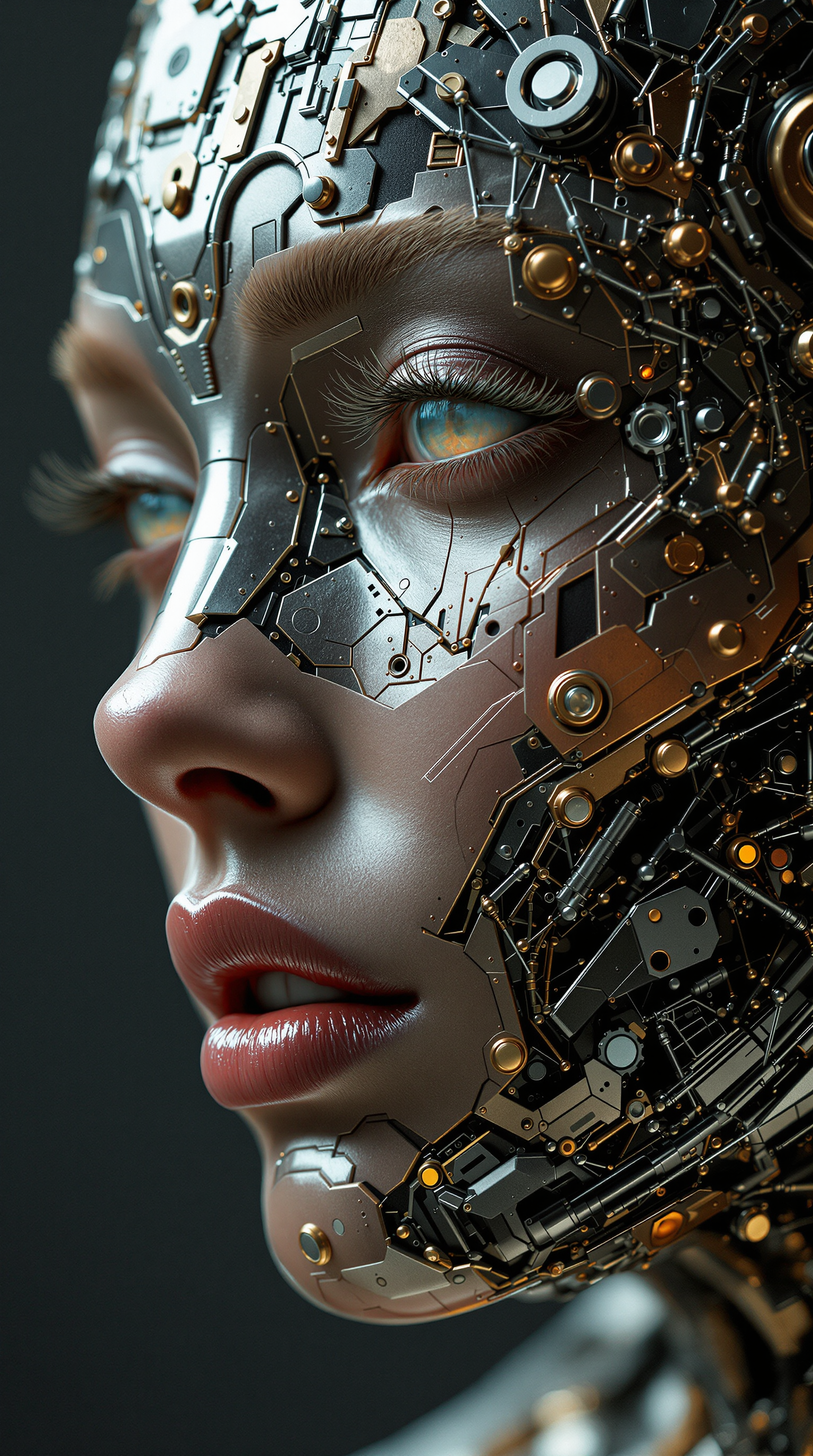 A striking fusion of organic and mechanical perfection, the full-body cyborg woman emerges as a mesmerizing symphony of artistry and precision. Her form is a breathtaking collage—an intricate dance between geometric abstraction and cubist distortions, evoking the surreal craftsmanship of Jan Švankmajer. Every metallic contour, every synthetic joint, pulses with life, illuminated by an exquisite interplay of light and shadow.
Her presence is bold yet haunting, captured with hyperrealistic detail in a stunning homage to the visionary strokes of Enki Bilal. The textures gleam under the studio lights—metal, ceramic, and bio-synthetic skin converging in a divine masterpiece, each element an extension of futuristic elegance. The composition is luscious and mesmeric, luring the viewer into an irresistible dreamscape where technology and humanity blur.
As the lens zooms in, the macro photography of Miki Asai unveils the hyper-detailed intricacies—a whispered testament to the sharp craftsmanship defining each rivet, each delicate imperfection. The entire image resonates with an ethereal, almost hypnotic quality, capturing a sense of raw emotion infused within steel. Trending across ArtStation, its impact is undeniable—a glorious vision of transcendence, elegance, and cybernetic allure.
