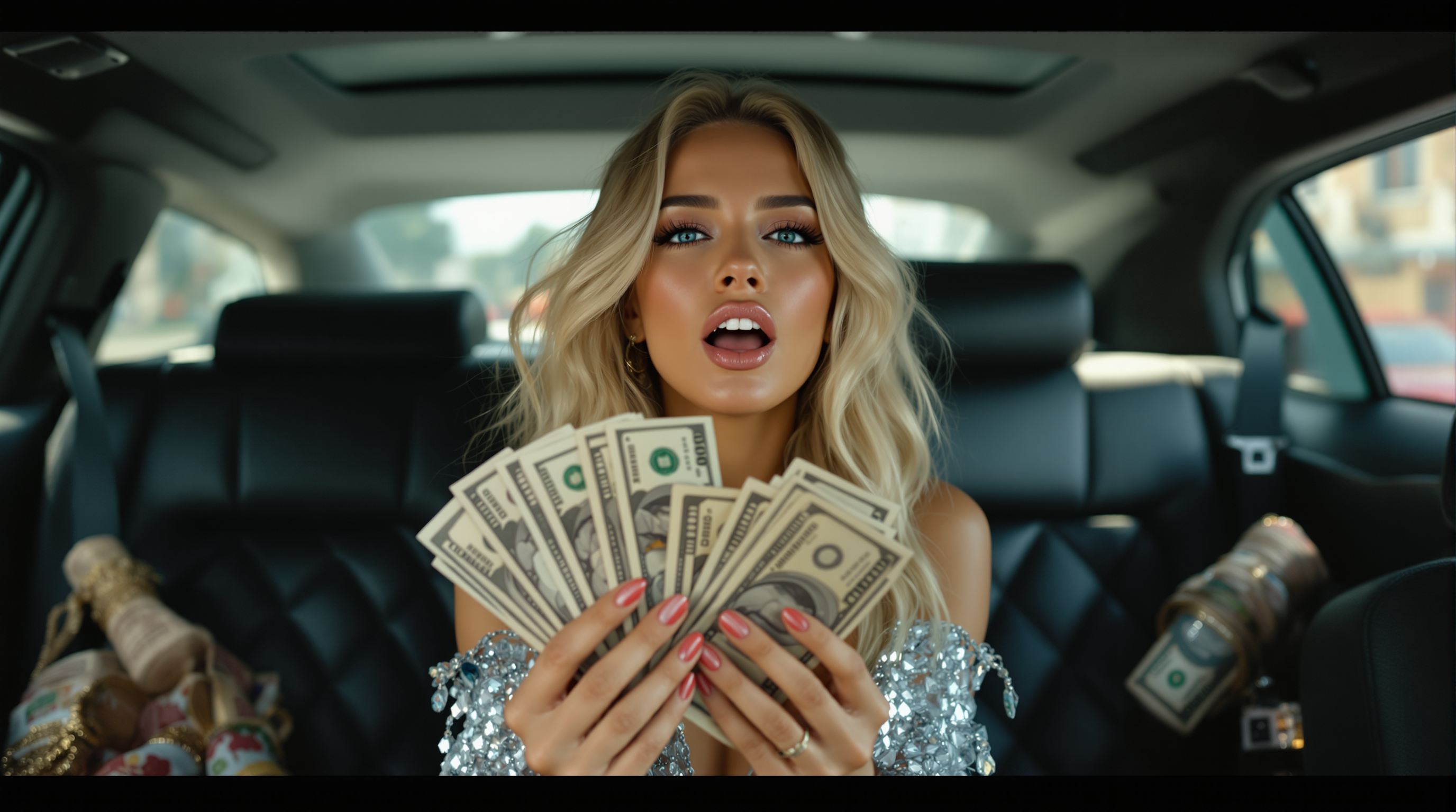 music video style, beautiful 24 year old woman, instagram model, blonde hair with bright blue eyes, sitting in the back of a limousine, she's singing her lyrics with a determined aura, she has multiple hundred dollar bills in her hands as she flashes her money as she raps