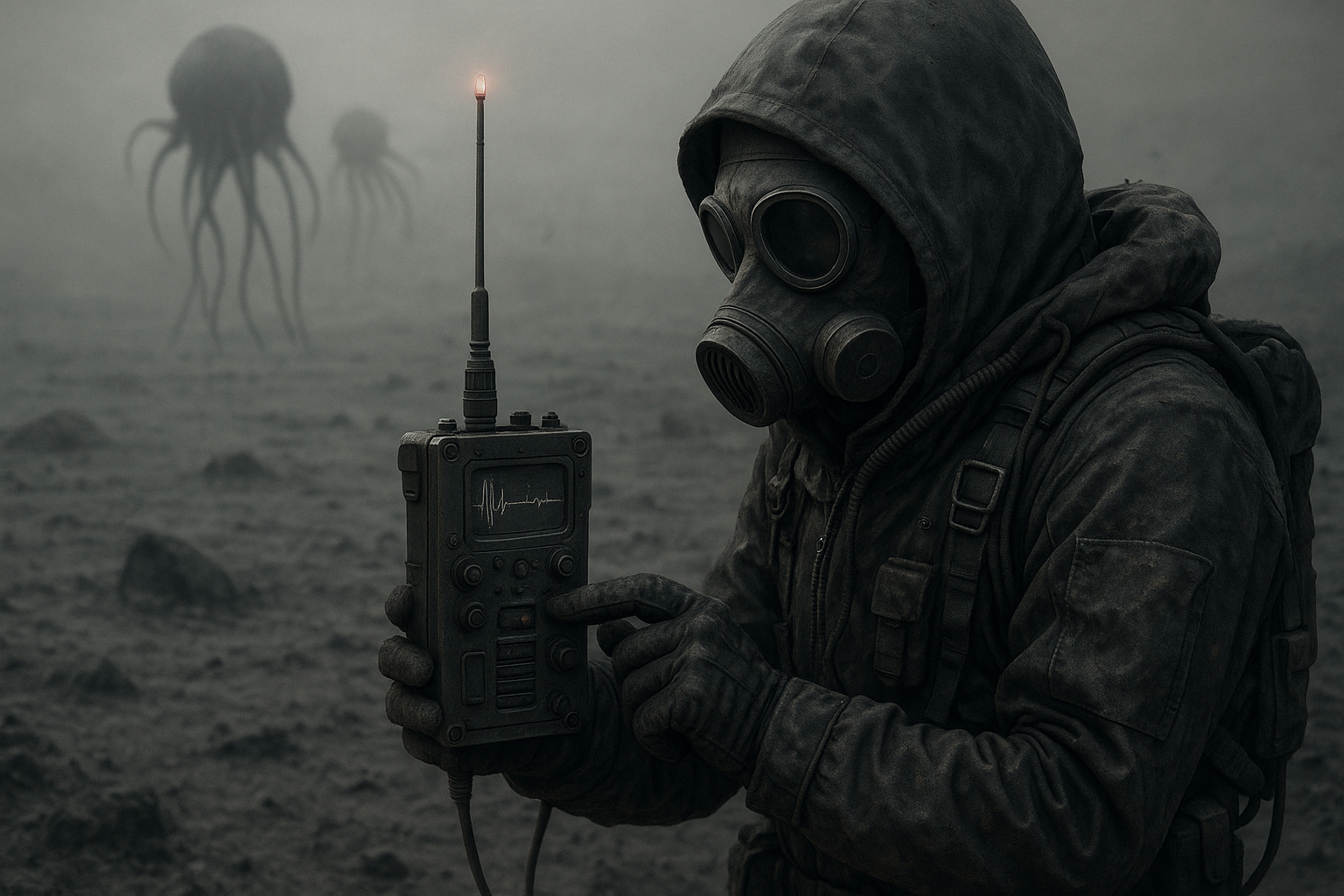 The Static Shot: Close up shot, In a barren and mute ashen world, a lone survivor communicates with the distant creatures using an futuristic devices, 8K, highly detailed
