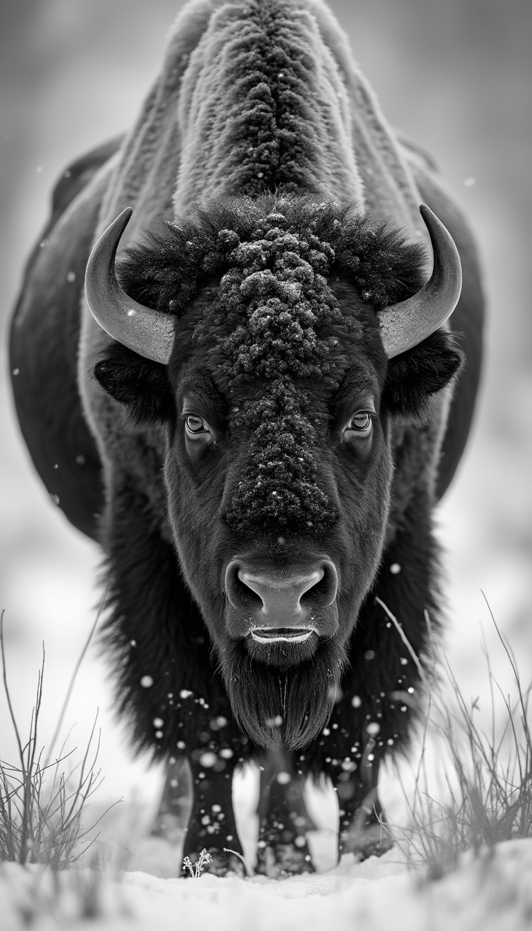 bison in the snowy wild in the style of David Yarrow. Editorial style photography, National Geographic photography.
Grayscale. 