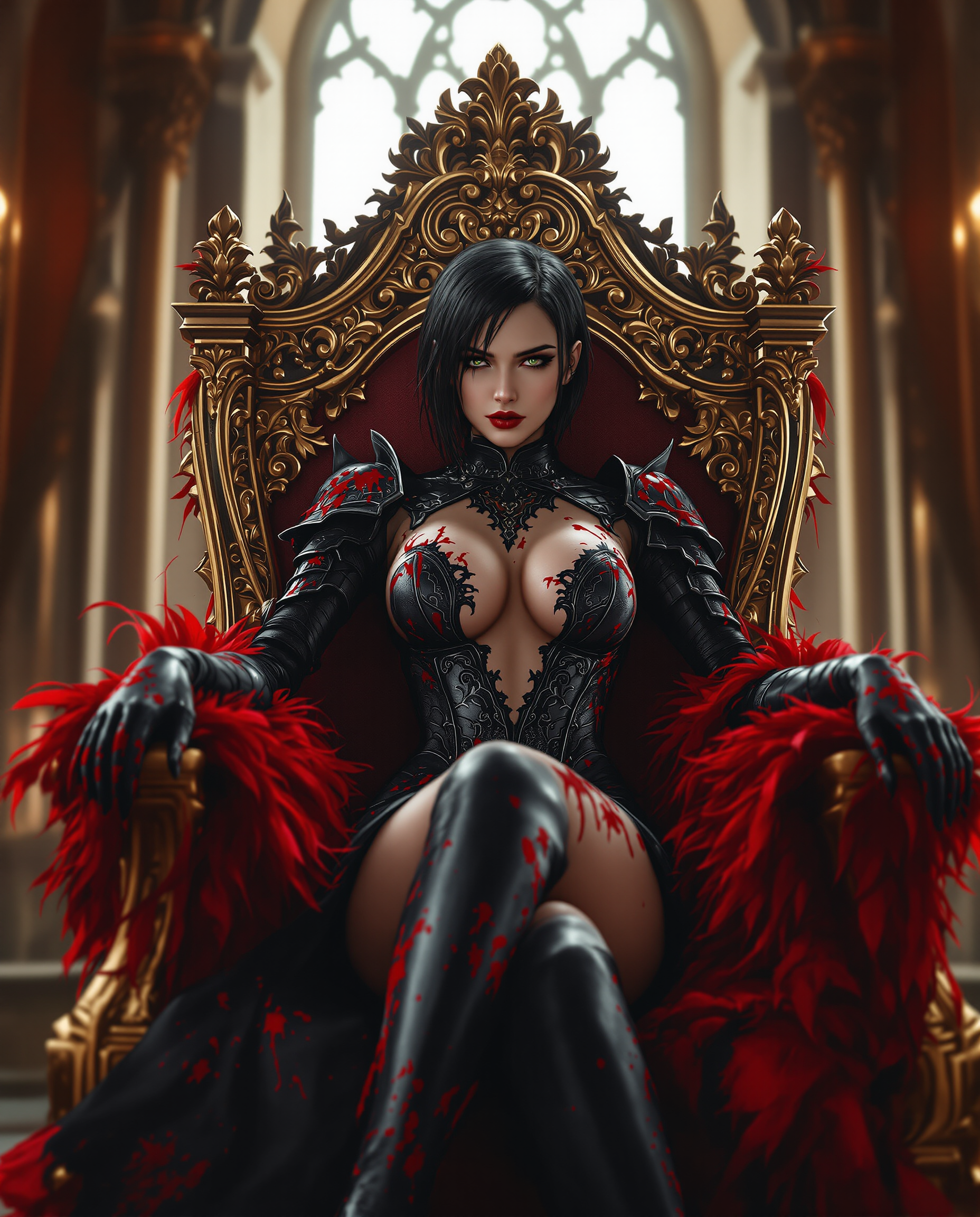 This image is a realistic photo (photograph) of a female real person digital artwork that presents a figure seated on an ornate, gilded throne. The throne itself is richly detailed with intricate carvings and scrollwork, and its adorned with red feathers that cascade down its backrest and armrests. The throne is placed in a room with high, arched ceilings and large windows that allow a soft, diffused light to filter in, casting a warm glow on the scene. The figure is clad in a black and red outfit that features elaborate armorlike designs with a gothic influence. The armor is detailed with lacelike patterns and has a bloodlike red splatter design that gives the impression of battle damage or a dramatic effect. The figures attire includes a corset style bodice with a plunging neckline, a fitted black skirt, and thigh high boots that are similarly adorned with the red splatter pattern. The figures hair is short and dark, with a few strands falling around the face, and the hair appears to be wet or slicked back, giving it a glossy finish. The figures expression is neutral, with a slight frown and a gaze directed away from the viewer, which, along with the overall posture, conveys a sense of regal composure or contemplation. The art style is highly stylized and appears to be a blend of fantasy and gothic elements, with a focus on dramatic lighting and shadow to create a sense of depth and drama. The medium seems to be a digital rendering, given the smooth gradients and seamless blending of colors and textures. The colors in the image are rich and vibrant, with deep reds, blacks, and golds creating a striking contrast. The reds are particularly prominent, from the throne feathers to the armor splatters, and they stand out against the dark tones of the figures clothing and the golden accents of the throne. Overall, the image exudes a sense of power, mystery, and regal elegance, with a strong emphasis on the dramatic interplay of light and shadow, and a detailed attention to the textures and patterns of the clothing and throne.