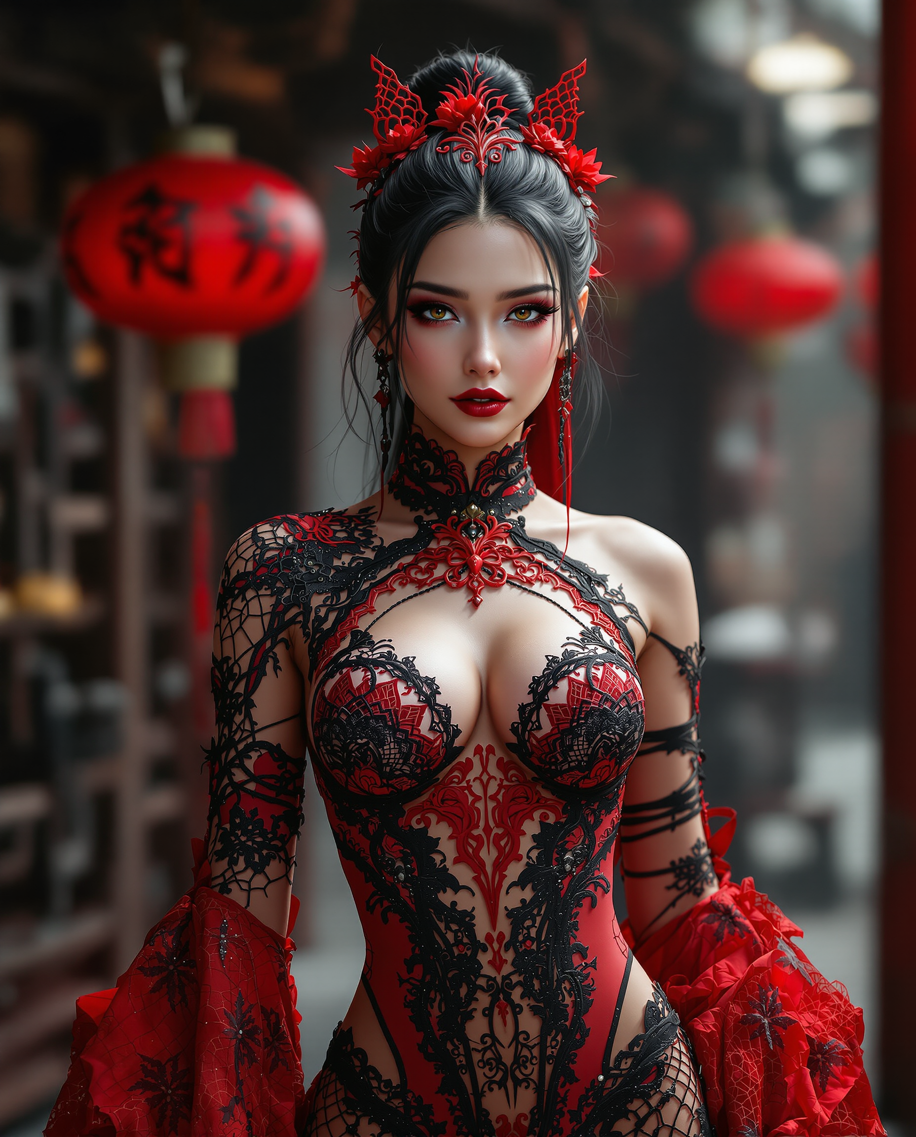 This image is a realistic photo (photograph) of a female real person digital artwork that showcases a character with a striking red and black color scheme. The character is wearing a detailed costume that features intricate lace and weblike patterns, predominantly in red with black accents. The costume has a formfitting design that highlights the characters muscular build, with lace details that add texture and dimension. The art style is highly stylized and appears to be a blend of fantasy and gothic elements. The lighting in the image is dramatic, with a focus on the character and the costume, creating a sense of depth and highlighting the textures and patterns. The background is slightly blurred, with hints of a traditional or possibly futuristic setting, with red lanterns and what appears to be a wooden structure.The medium of the artwork is digital, as evidenced by the smooth gradients and seamless blending of colors. The colors used are vibrant and saturated, with a strong emphasis on reds and blacks, which give the image a bold and dramatic feel. The reds range from bright crimson to deep maroon, while the blacks are deep and rich, providing a stark contrast that emphasizes the character and costume.Objects in the image include the characters costume, which is the focal point, and the blurred background elements, which suggest a setting or environment. The red lanterns add a cultural or festive touch, possibly indicating a celebration or a specific event. The wooden structure in the background gives a sense of an outdoor or traditional setting, which complements the characters costume.Overall, the image exudes a sense of fantasy, drama, and style, with a strong emphasis on the character and their costume. The digital art medium and the use of vibrant colors and dramatic lighting contribute to the overall aesthetic of the piece.