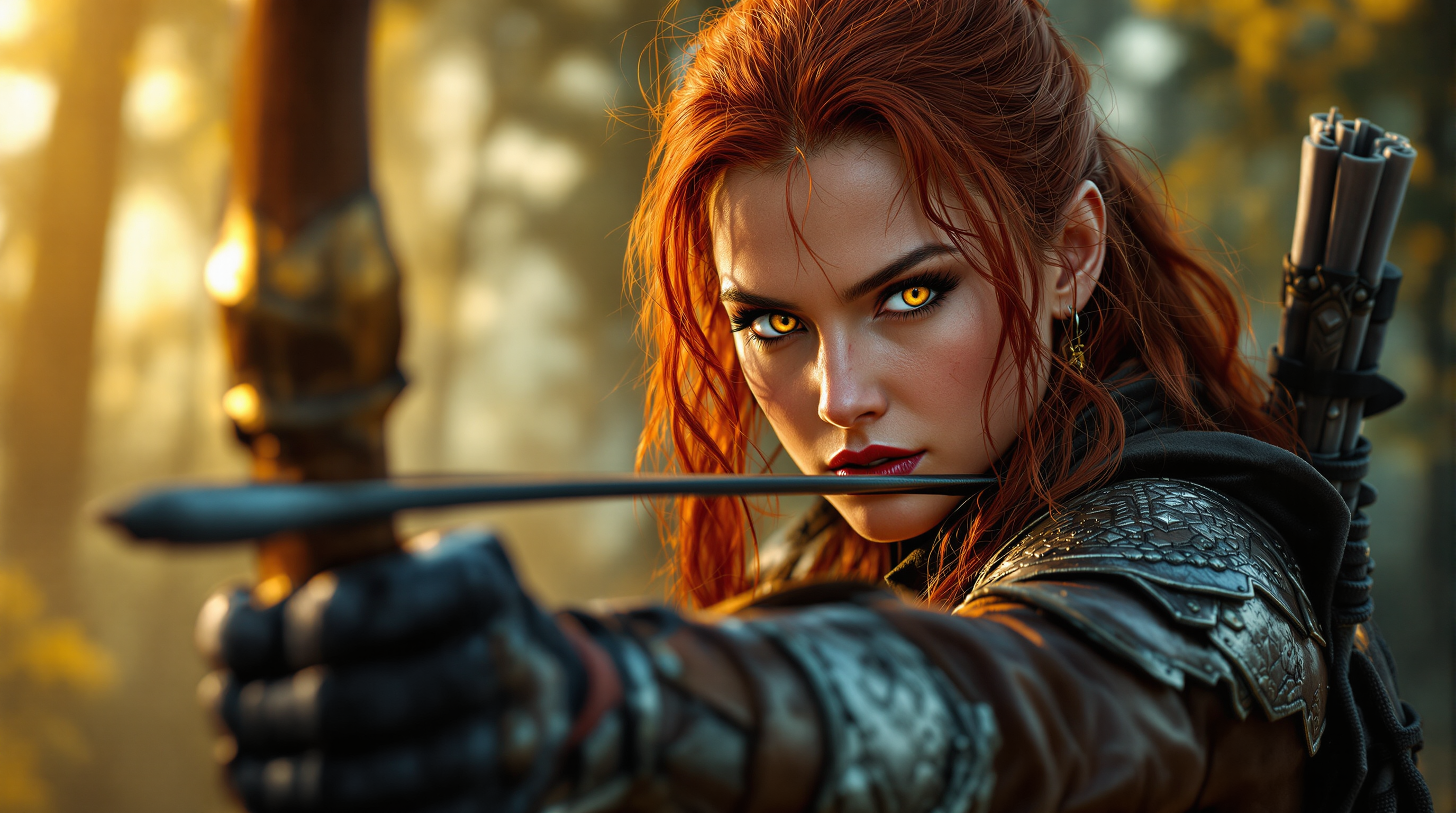 A stunning 8K PC wallpaper featuring a fierce red-haired archer with striking yellow eyes, intently aiming her bow with precision. She stands in a misty forest at dawn, with soft golden sunlight filtering through the trees, casting cinematic lighting across her detailed leather armor and intricate bow. Captured as a hyper-realistic digital painting with meticulous textures, vibrant color depth, and a subtle bokeh background, this image exudes intensity and focus.