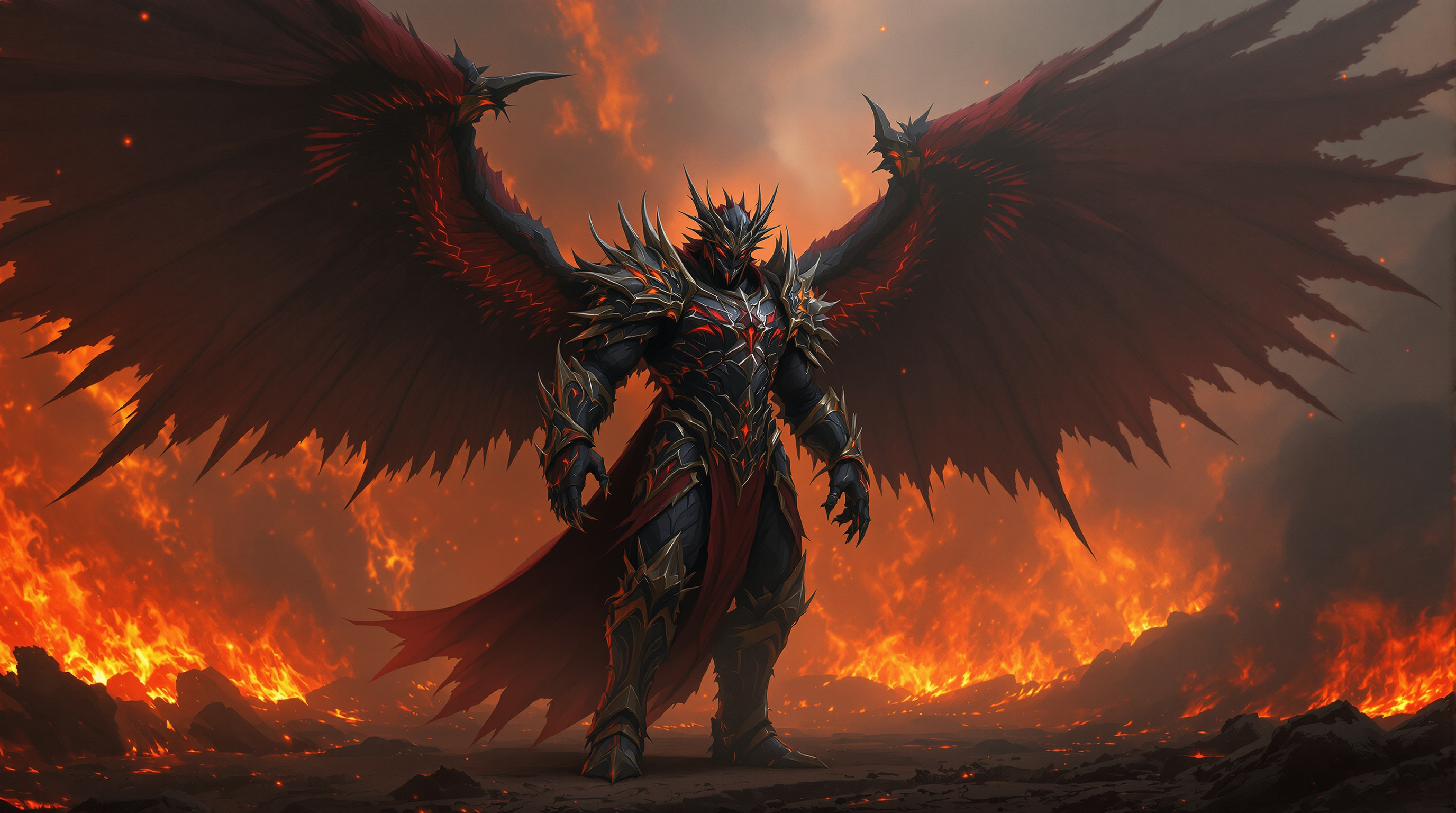 This image is a digital artwork that depicts a female character with a powerful presence, set against a dramatic backdrop of fire and destruction. The art style is fantasy, with a cinematic quality that suggests it could be a concept art piece for a video game or movie.The medium appears to be a highresolution digital painting, utilizing advanced rendering techniques to create a realistic yet stylized representation of the scene. The lighting and shadow play a significant role in the artwork, with a focus on dramatic contrasts and highlights that give the image a sense of depth and movement.The colors in the image are rich and vibrant, with a predominance of fiery oranges, reds, and yellows that convey a sense of heat and chaos. The characters armor and wings are primarily black with red detailing, which stands out against the fiery background. The use of color gradients and highlights on the characters armor and wings adds to the threedimensional effect, making them appear as if they are made of molten metal.The objects in the image include the character themselves, who is adorned in intricate armor with spiked protrusions and winglike appendages. The armor is detailed with red and gold accents that suggest a regal or noble status. The characters wings are expansive and feathered, with jagged edges that add to the menacing aura. They are spread out behind the character, implying a sense of power and majesty.In the background, there is a vast expanse of fire, with flames of various sizes and intensities. The fire is depicted with a realistic texture and glow, with smoke rising into the sky, creating a sense of depth and distance. The ground is covered in embers and ash, further emphasizing the destructive nature of the scene.Overall, the image conveys a strong sense of fantasy, power, and drama, with a focus on the interplay between the character and their environment. The use of color, lighting, and composition creates a compelling visual narrative that draws the viewer into the scene.