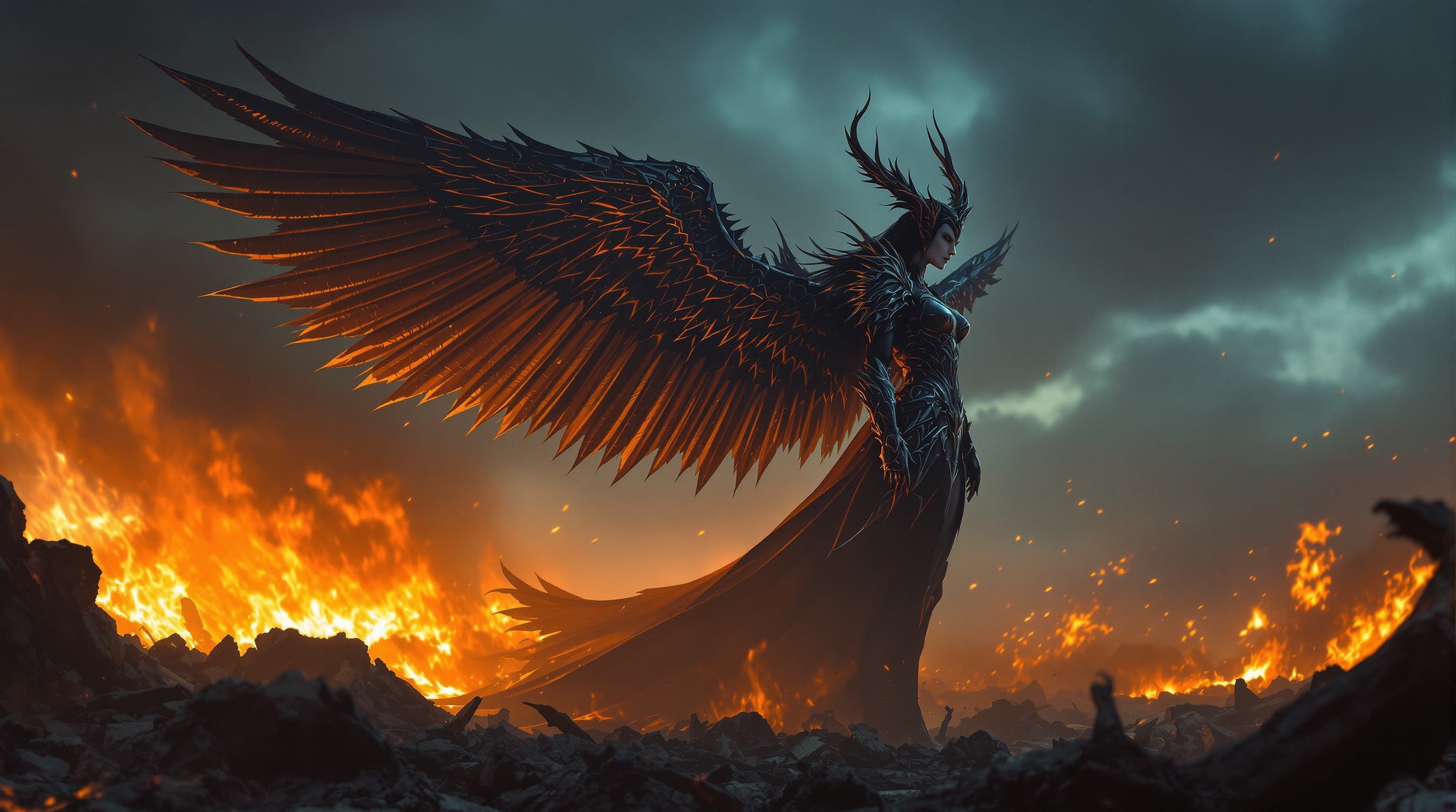 A powerful valkyrie queen stands off-center to the right in a cinematic high-fantasy scene, her expansive wings spread wide across the frame, exuding grandeur and scale against a fiery, chaotic landscape of embers and destruction. Dramatic, moody lighting with warm orange hues from a setting sun or blazing inferno highlights the intricate textures of her ornate gothic armor and wings, creating a striking chiaroscuro effect with a dark, smoky sky fading into cool blues. The composition uses negative space and her imposing silhouette to draw focus, delivering depth, tension, and a mythic sense of action in stunning 8K detail.