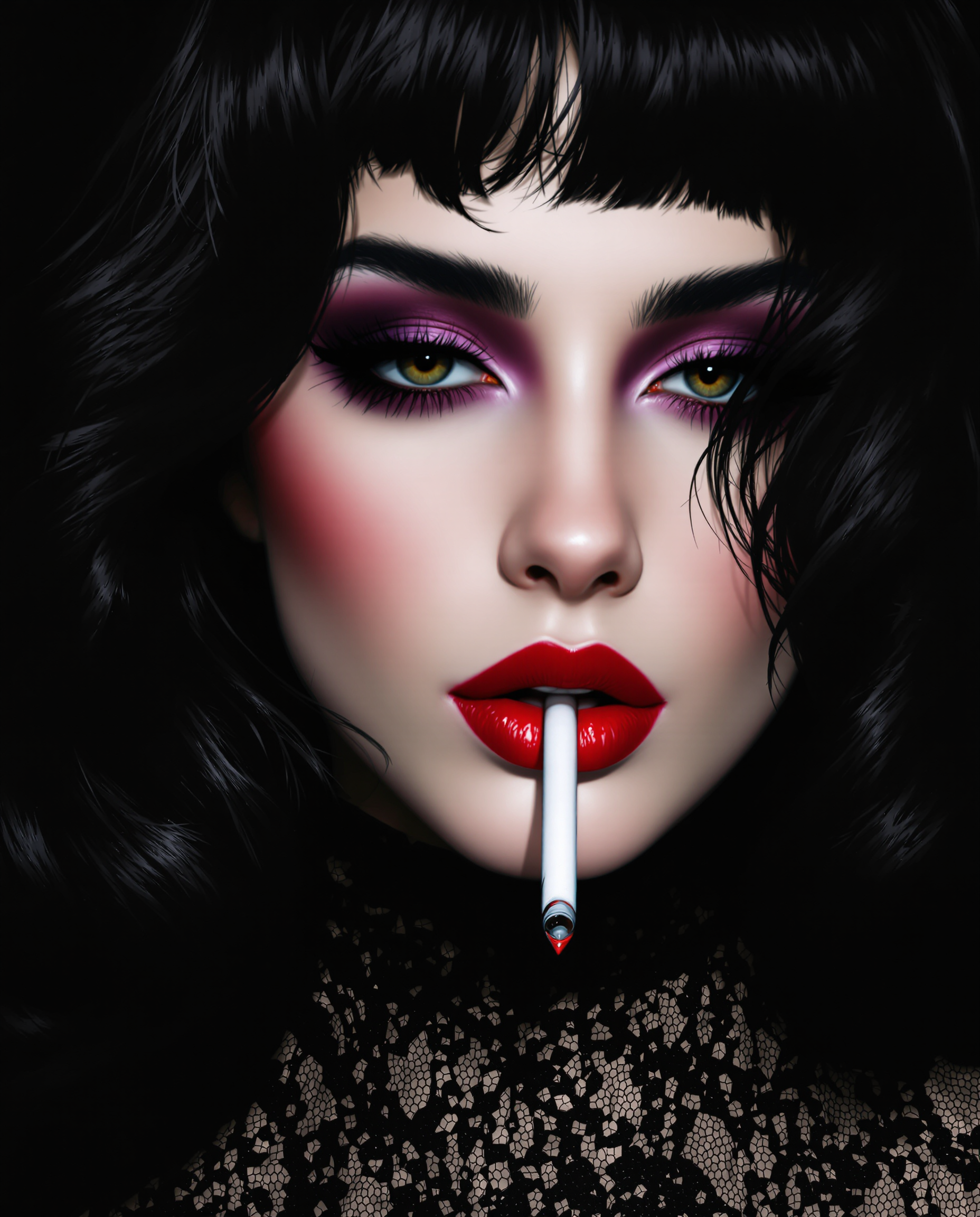 This is a closeup digital painting that captures the detailed features of a realistic photo (photograph) of a female real persons face and upper neck. The art style is highly stylized with a focus on dramatic contrasts and a three dimensional rendering that gives the image a lifelike quality. The medium appears to be digital painting software, as evidenced by the smooth blending of colors and the lack of texture that might be present in a traditional painting. The lighting and shadows are expertly rendered, creating a sense of depth and realism. The colors in the image are quite muted, with a predominance of black, white, and shades of gray. There are also touches of deep red on the lips and a hint of purple in the eyeshadow, which add a pop of color to the otherwise monochromatic scheme. The black and white elements of the image create a stark, almost gothic feel. The objects in the image are primarily the persons hair and a portion of their clothing and cigarette in her mouth smoking. The hair is dark and appears to be styled in a way that gives it volume and movement, with individual strands of hair rendered with great detail. The clothing is not fully visible, but what is seen is a black garment with a lace collar, which adds a touch of elegance to the overall dark aesthetic.The overall effect of the image is one of sophistication and mystery, with a strong emphasis on the subjects facial features and the interplay of light and shadow.