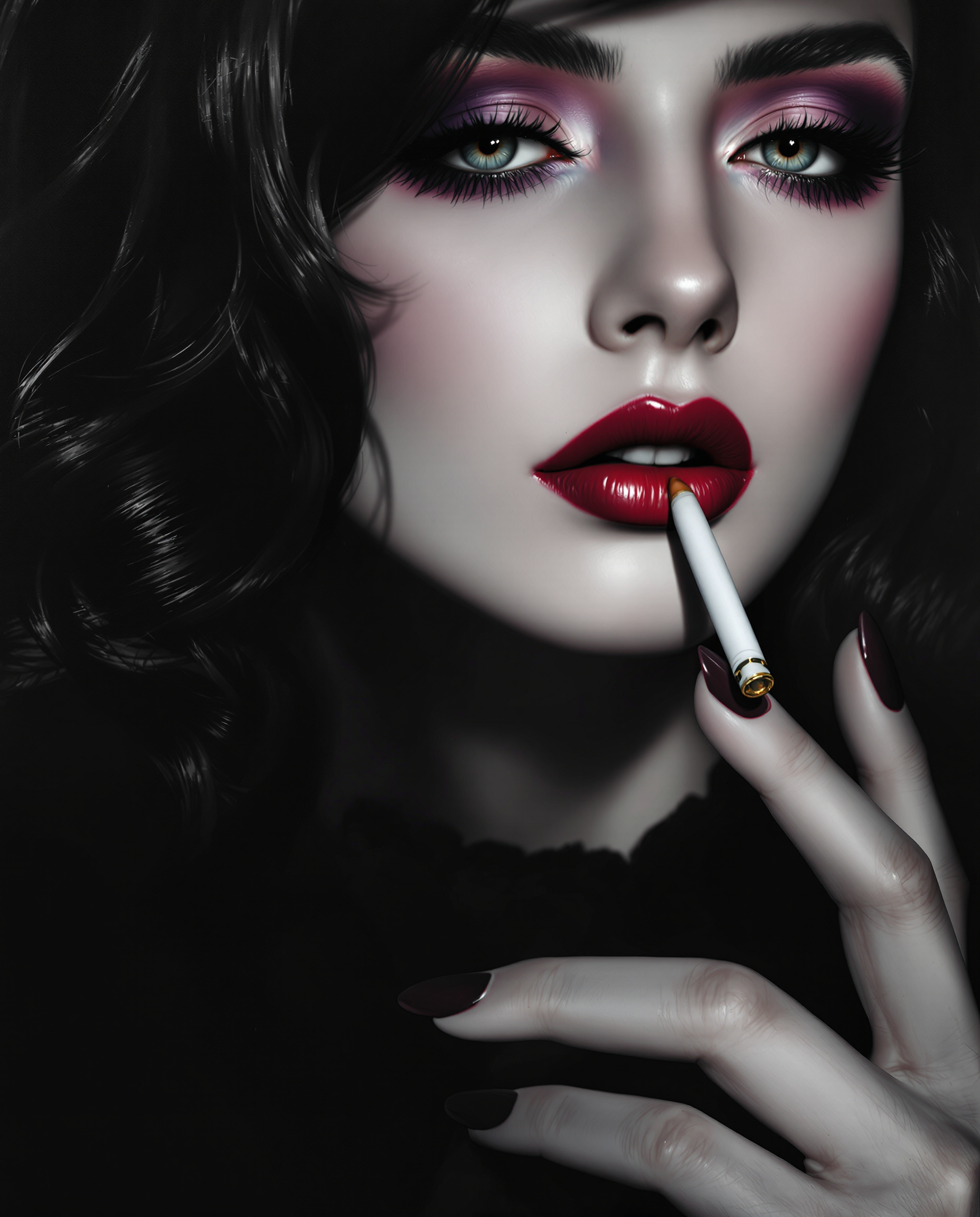 This is a closeup digital painting that captures the detailed features of a realistic photo (photograph) of a female real persons face and upper neck. The art style is highly stylized with a focus on dramatic contrasts and a three dimensional rendering that gives the image a lifelike quality. The medium appears to be digital painting software, as evidenced by the smooth blending of colors and the lack of texture that might be present in a traditional painting. The lighting and shadows are expertly rendered, creating a sense of depth and realism. The colors in the image are quite muted, with a predominance of black, white, and shades of gray. There are also touches of deep red on the lips and a hint of purple in the eyeshadow, which add a pop of color to the otherwise monochromatic scheme. The black and white elements of the image create a stark, almost gothic feel. The objects in the image are primarily the persons hair and a portion of their clothing and cigarette in her mouth smoking. The hair is dark and appears to be styled in a way that gives it volume and movement, with individual strands of hair rendered with great detail. The clothing is not fully visible, but what is seen is a black garment with a lace collar, which adds a touch of elegance to the overall dark aesthetic.The overall effect of the image is one of sophistication and mystery, with a strong emphasis on the subjects facial features and the interplay of light and shadow.