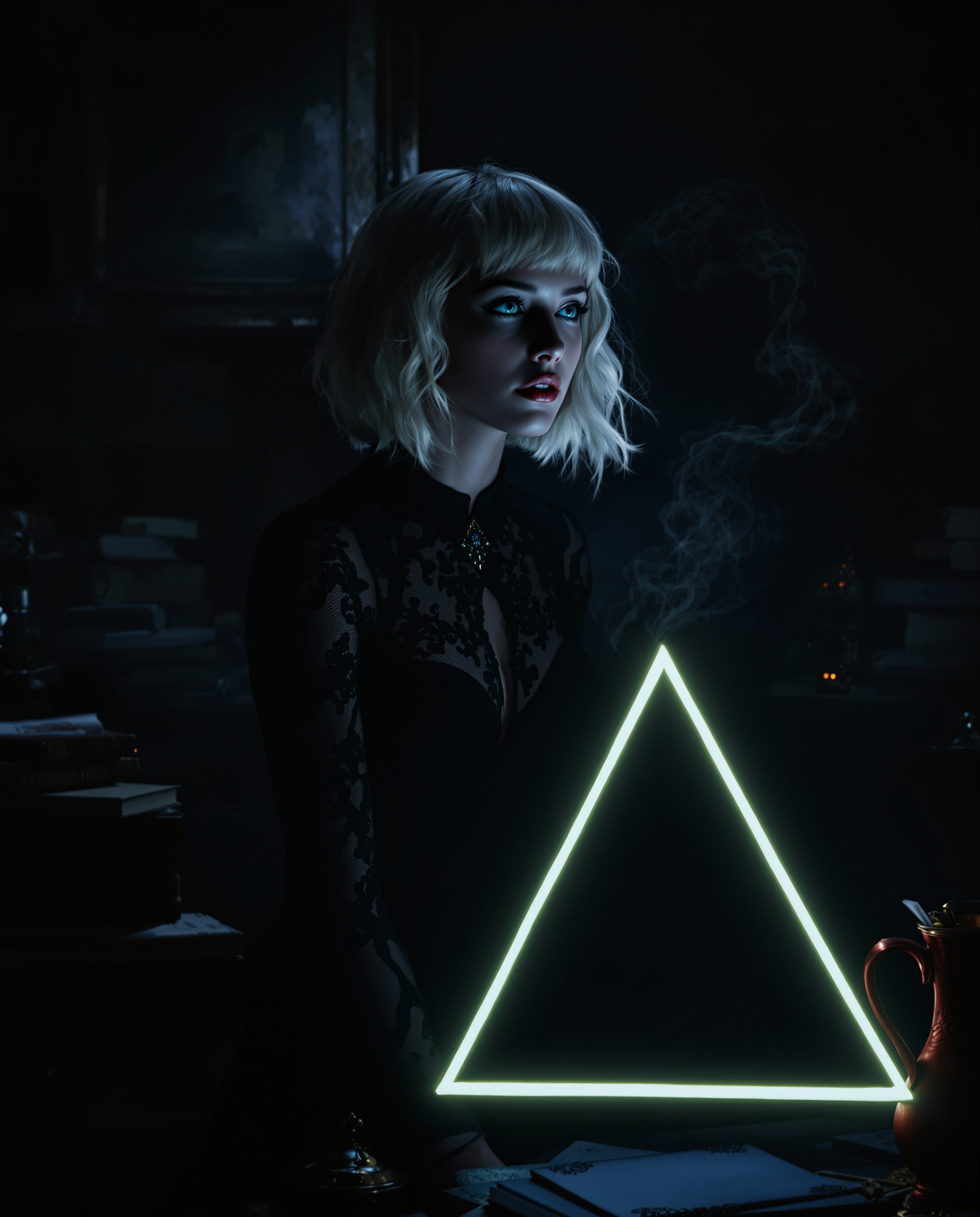 A high-resolution digital painting of a contemplative woman in a dynamic, moody setting, captured with a cinematic, photorealistic style reminiscent of fantasy and science fiction. She wears a black, form-fitting outfit with intricate lace detailing, her short wavy blonde bob framing a thoughtful expression, while a glowing, Triforce-like triangular object hovers beside her, outlined in luminous white. The scene unfolds in a dimly lit, vintage room with scattered books and antiques, bathed in dramatic chiaroscuro lighting from above, blending cool blues and blacks with warm red accents for a mysterious, immersive atmosphere.