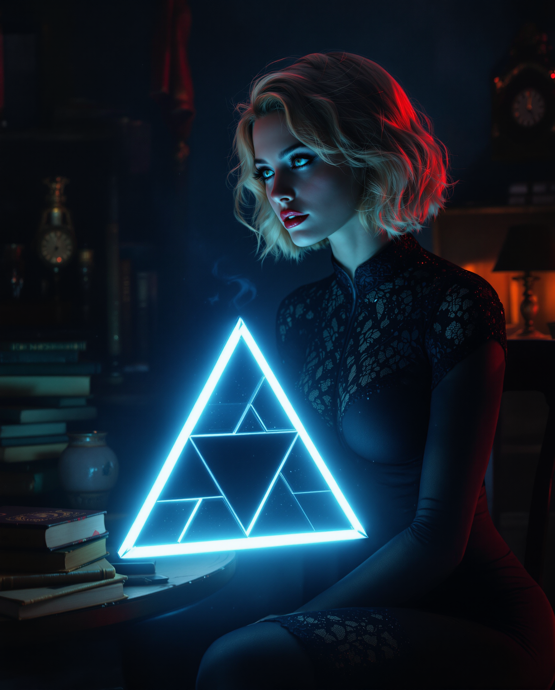 A high-resolution digital painting of a contemplative woman in a dynamic, moody setting, captured with a cinematic, photorealistic style reminiscent of fantasy and science fiction. She wears a black, form-fitting outfit with intricate lace detailing, her short wavy blonde bob framing a thoughtful expression, while a glowing, Triforce-like triangular object hovers beside her, outlined in luminous white. The scene unfolds in a dimly lit, vintage room with scattered books and antiques, bathed in dramatic chiaroscuro lighting from above, blending cool blues and blacks with warm red accents for a mysterious, immersive atmosphere.