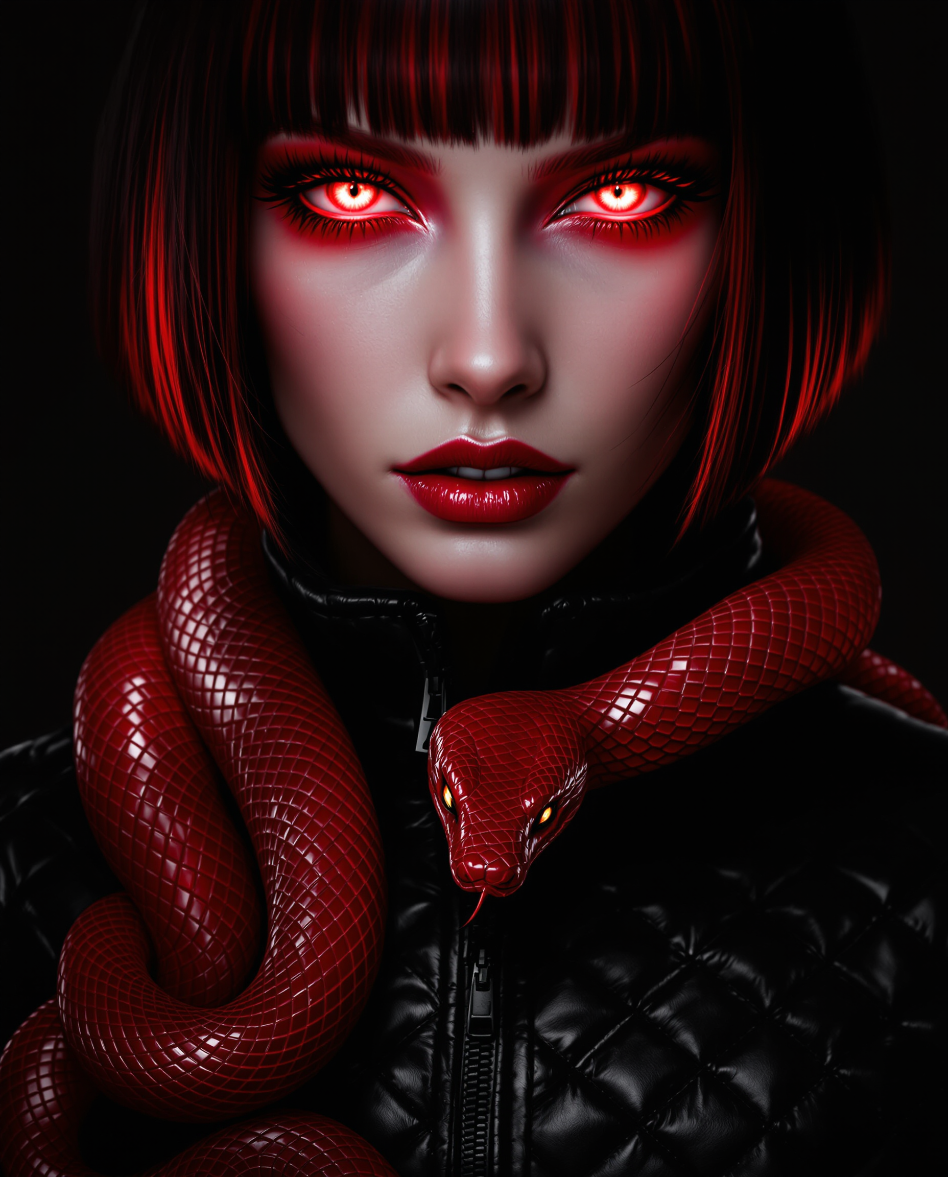 This image is a realistic photo (photograph) of a female real person closeup portrait of a figure with a striking appearance. The figure has short, dark hair with red highlights that give a fiery or glowing effect, especially noticeable at the tips of the hair. The hair is styled in a straight, bob cut and has a smooth texture with a slight sheen, suggesting a glossy finish. The figures eyes are the focal point of the image, with a mesmerizing red hue that is reminiscent of a serpents eyes. The irises are detailed with a pattern that could be interpreted as scales, and the pupils are narrow, giving them a piercing gaze. The eyelashes are long and dark, with a slight curl, and they are adorned with red mascara that matches the eyes, further emphasizing the reptilian theme. Around the neck of the figure, there is a red snake with a glossy, scaled texture. The snake is coiled around the figures neck, and its head is resting on the figures collarbone. The snakes eyes are also red, matching the figures eyes, and it has a menacing yet beautiful presence. The scales on the snake are intricate, with a gradient of red tones that give it depth and realism.  The figure is wearing a black garment with a quilted design, which gives it a textured and rugged appearance. The garment has a high collar that frames the figures neck and shoulders, and there is a zipper detail that runs down the front. The fabric of the garment appears to be leather or a leather like material, given its shiny and slightly rugged texture. The overall art style of the image is digital, with a high level of detail and realism. The lighting in the image is dramatic, with shadows that accentuate the contours of the figure and the snake, and highlights that bring out the textures and colors. The image has a moody and mysterious atmosphere, with a sense of danger and allure. The medium used to create this image is likely to be a digital painting or illustration, given the smooth gradients, seamless blending of colors, and the absence of brush strokes or other traditional painting techniques. The image has a polished and professional finish, with attention to detail and a high level of skill in its creation.
