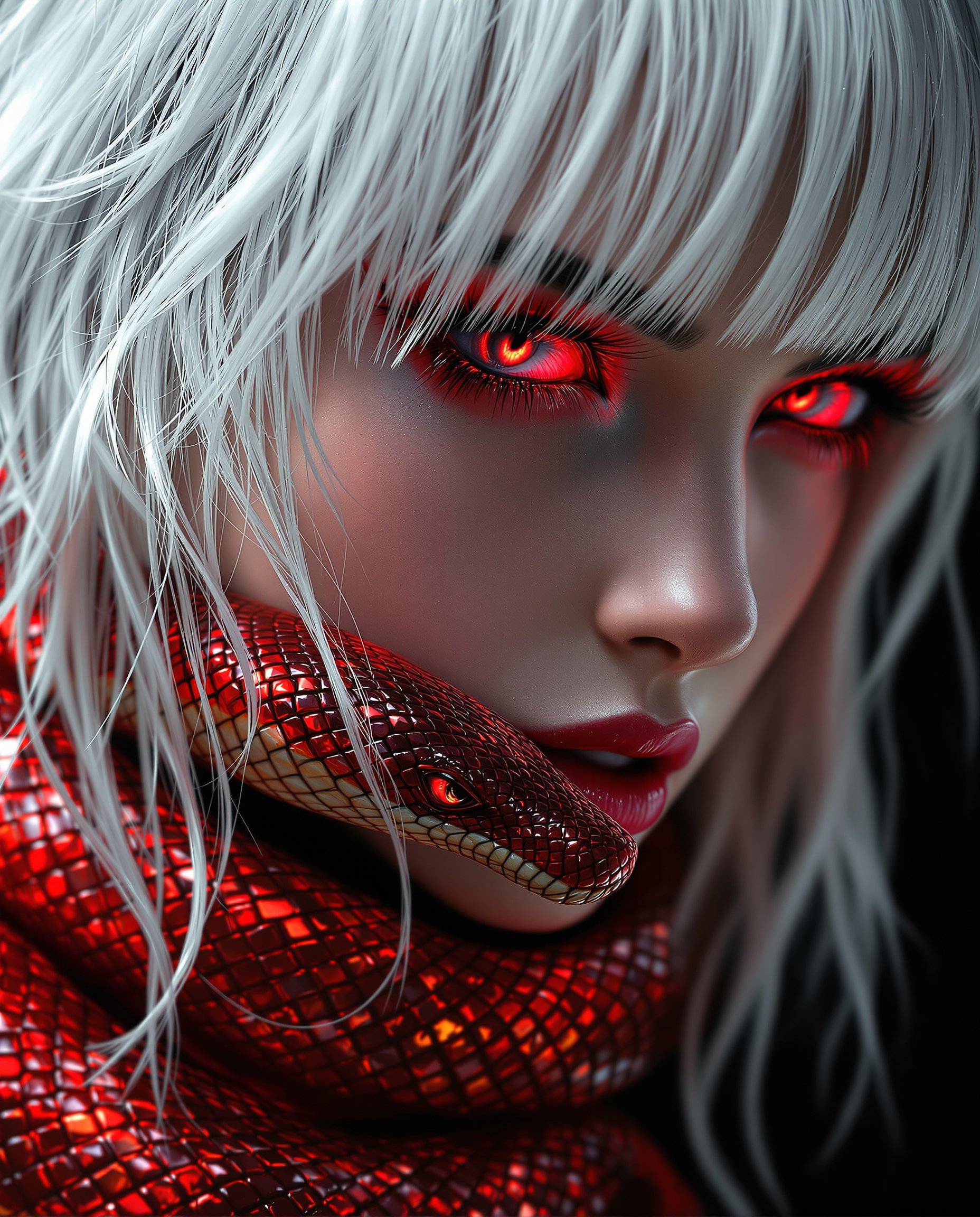 This is a closeup realistic photo (photograph) of a female real person digital artwork that features a detailed and realistic portrayal of a person with white hair and red eyes. The hair is depicted with individual strands that have a lifelike texture and volume, giving the hair a three dimensional appearance. The red eyes are particularly striking, with a glossy sheen that reflects light, and the pupils are dilated, adding to the intensity of the gaze. Around the neck of the figure, there is a coiled red snake with scales that shimmer with a metallic sheen, and the texture of the scales is intricately detailed. The snake wraps around the neck in a way that suggests movement and life, and the way it interacts with the figures hair adds to the dynamic of the image. The overall art style of the image is digital realism, with a focus on creating a lifelike and immersive visual experience. The medium appears to be a high resolution digital painting, utilizing advanced rendering techniques to achieve the level of detail and lighting in the image. The colors in the image are primarily red and white, with the reds ranging from the bright, fiery hue of the snake to the more muted tones in the hair. The contrast between the reds and the white hair creates a visually compelling image, while the black background serves to isolate and emphasize the subject. In summary, this is a digitally rendered artwork that captures the viewers attention with its lifelike portrayal of a figure with striking red eyes and a coiled red snake around their neck. The art style is digital realism, with a focus on creating a visually compelling and immersive experience through the use of advanced rendering techniques and a limited yet impactful color palette.