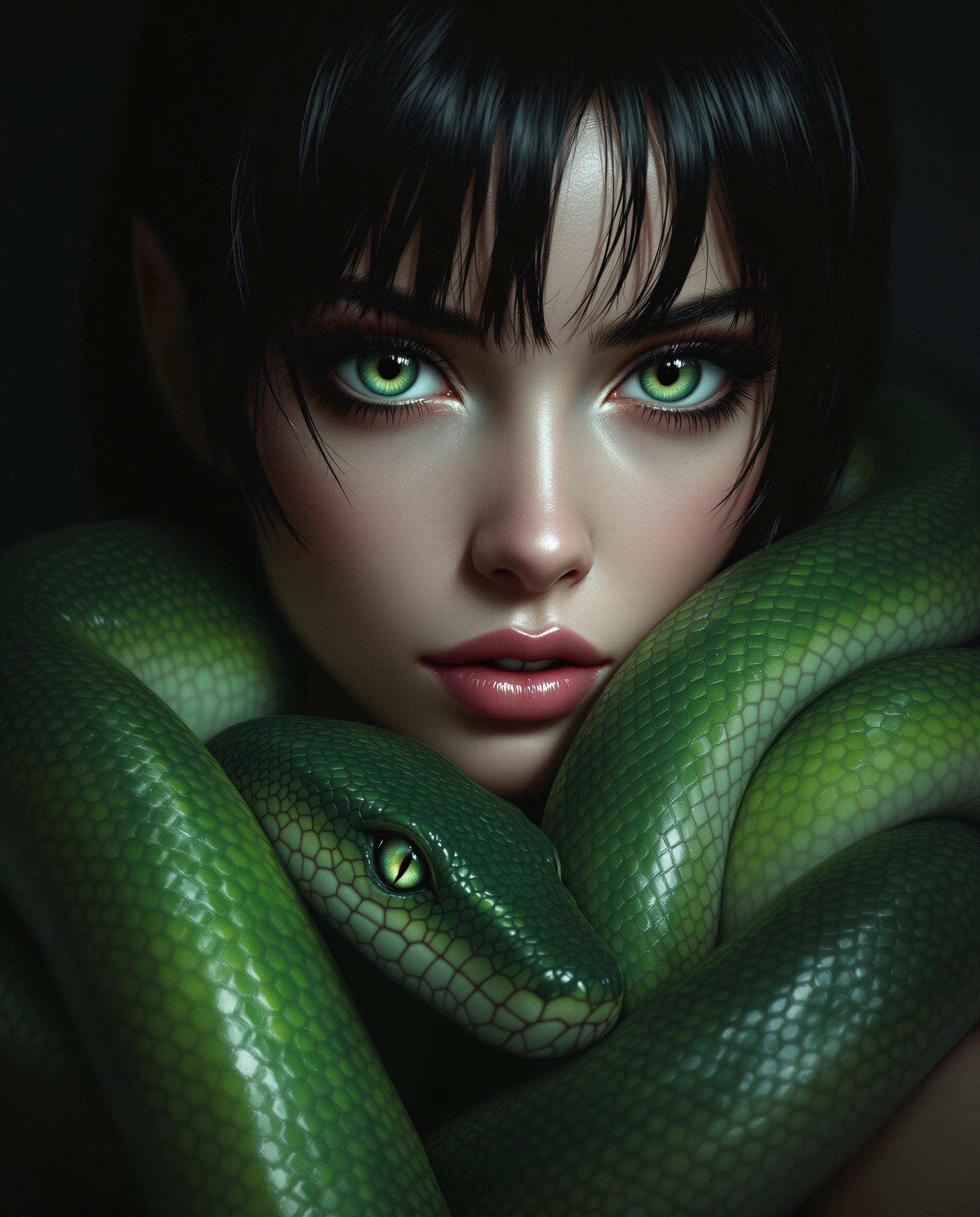This is a realistic photo (photograph) of a female real person digitally created image that showcases a closeup of a person with a striking resemblance to a character from a fantasy or science fiction setting. The person has large, expressive green eyes with long, dark lashes and a hint of green in the irises, which match the green of the snake they are holding. The hair is dark, with bangs that are slightly wet, giving the hair a glossy appearance and a sense of movement. The snake is wrapped around the persons neck and shoulders, with its head resting on the persons collarbone. The snake is a realistic depiction, with scales that shimmer in the light, and its eyes are wide open, reflecting a sense of alertness or curiosity. The texture of the snakes scales is intricate, and the way the light plays across them gives the image a three dimensional quality. The art style is highly detailed and lifelike, with a focus on the interplay of light and shadow to create a sense of depth and realism. The medium appears to be a digital painting, given the smooth blending of colors and the lack of brush strokes. The colors in the image are primarily shades of green, with the persons skin appearing to be a soft, warm tone that contrasts with the coolness of the snake. The background is dark and nondescript, with a gradient of black and gray that fades into darkness, ensuring that the focus remains on the person and the snake. There is a watermark in the bottom right corner that reads Brainstorm AI, indicating that the image was created using artificial intelligence. Overall, the image is a compelling blend of fantasy and realism, with a strong emphasis on the interplay between human and animal, and the use of color and light to create a sense of drama and intensity.