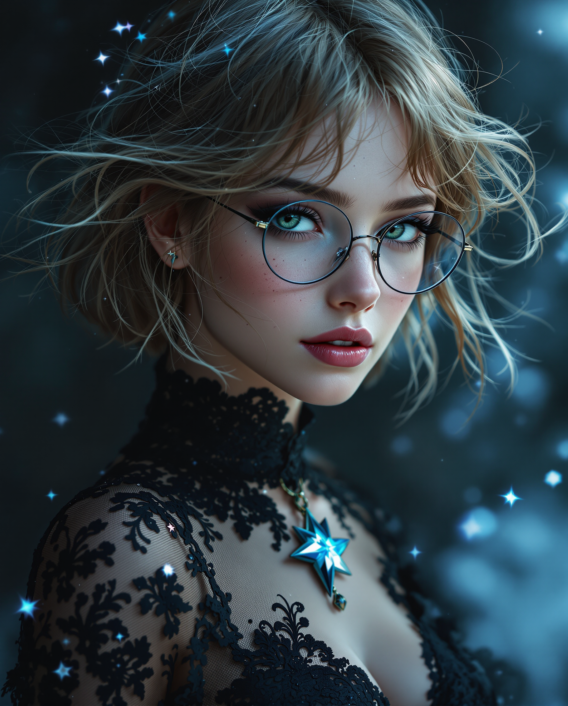 A stunning photorealistic digital painting of a female figure with short light brown hair, bright green eyes, lots of freckles on her cheeks, wearing glasses, exuding fantasy and mystique, captured as if through a high-end DSLR with a 50 mm lens, featuring shallow depth of field and cinematic lighting in 8K detail. She wears an elegant black lace garment adorned with a star-shaped pendant, her windswept hair adding dynamic, untamed beauty, set against a moody backdrop of cool blues, deep blacks, and ethereal hints of light blue and purple. The intricate textures and smooth gradients enhance the celestial, icy atmosphere, drawing focus to the pendant and her enigmatic presence.
