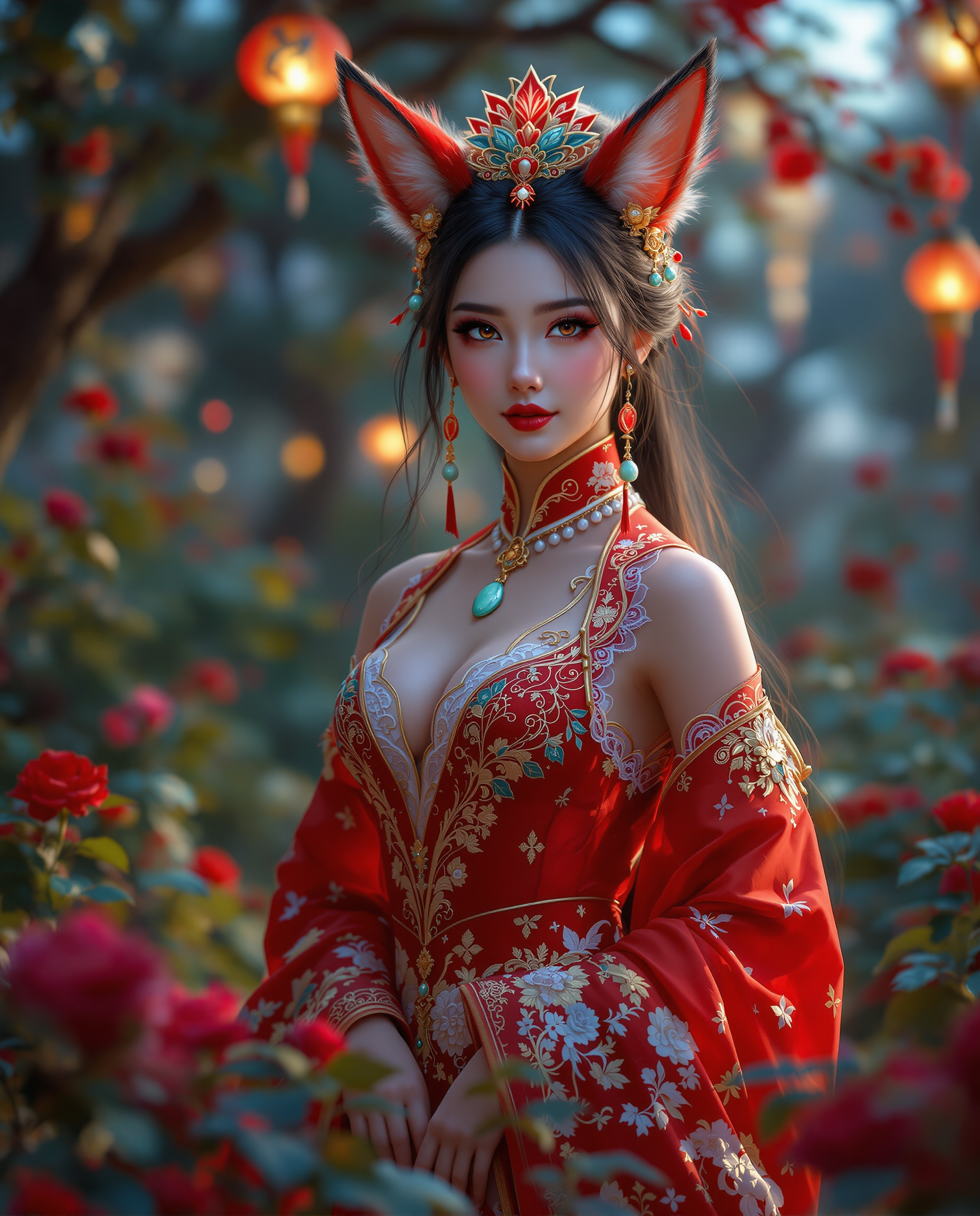 A stunning, photorealistic portrait of a female fox spirit, blending human and animal traits, captured in a mystical forest at dusk. She wears a traditional East Asian-inspired red and gold outfit with intricate patterns, a formfitting bodice, delicate lace detailing, a flowing skirt, and a jade pendant, exuding cultural significance. Shot with a 50mm DSLR lens, the scene features soft, diffused cinematic lighting from lanterns, lush greenery, vibrant red roses, and twilight blues and purples, rendered in breathtaking 8K detail.