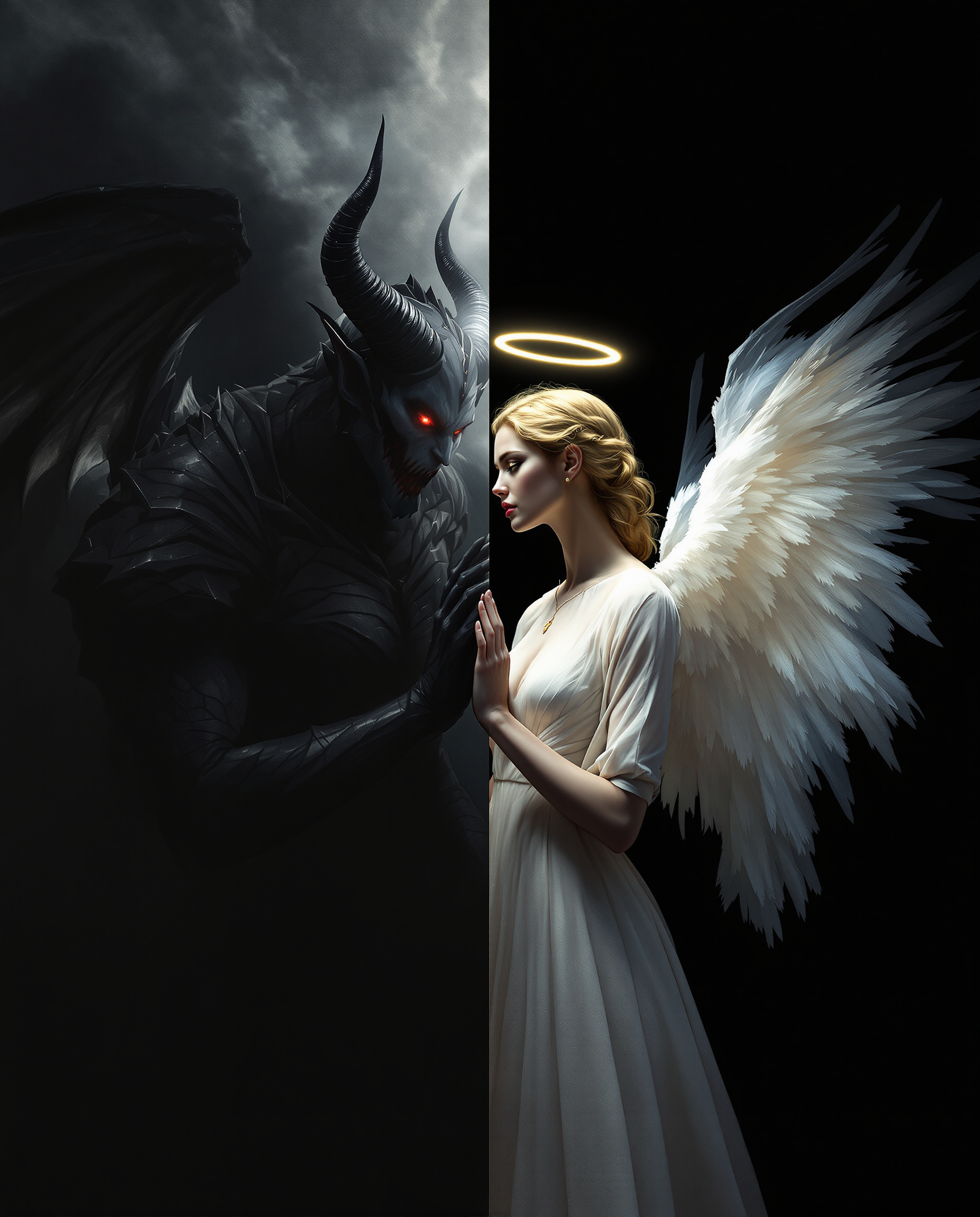 This image is a realistic photo (photograph) of a female real person striking example of fantasy art, with a composition that juxtaposes two contrasting characters, an angel and a demon, against a stark, dark background. The composition is balanced with the angel on the right, her lightness and purity symbolized by her white wings and the halo, and the demon on the left, her darkness and power represented by her black wings and the ominous aura.Lighting plays a crucial role in this artwork. The angel is bathed in a soft, ethereal light that highlights her delicate features and the intricate details of her wings. This light creates a sense of depth and dimension, drawing the viewers eye to her and emphasizing her as the focal point. In contrast, the demon is shrouded in darkness, with only her eyes and horns illuminated, which adds to her menacing presence.The style of the artwork is realistic, with its clean lines, detailed shading, and exaggerated features. The characters are stylized with a certain amount of realism, but with fantastical elements that are typical of this genre. The use of color is minimal, with the angel predominantly white and the demon predominantly black, which further emphasizes their opposing natures.