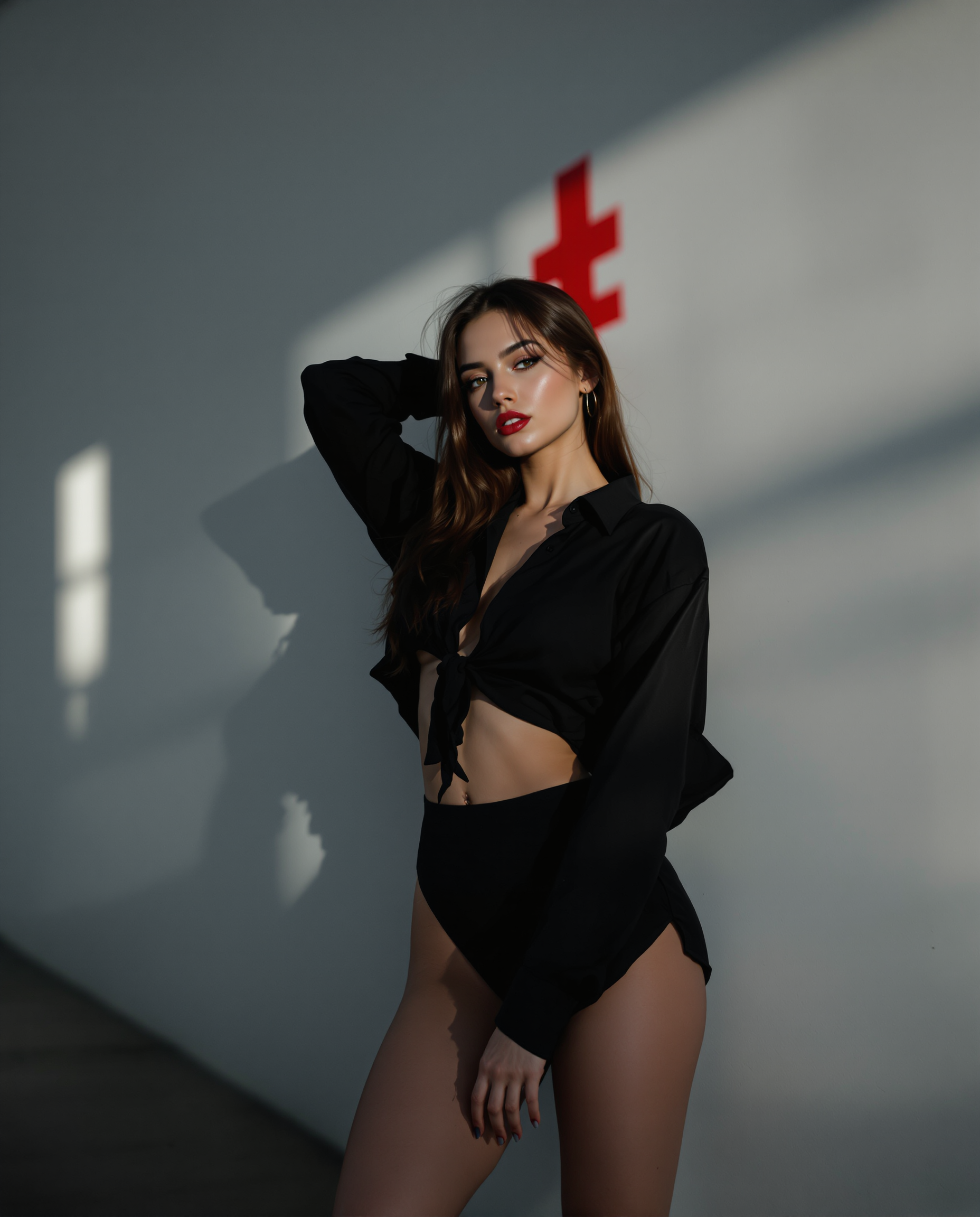A striking photorealistic digital portrait of a female subject, positioned off-center to the left, exudes dynamism with one arm bent, the other extended, and legs in a relaxed yet deliberate pose. Captured as if through a DSLR with a 50mm lens and shallow depth of field, dramatic moody lighting at dusk highlights her form in a black shirt that accentuates her gorgeous body, with a bold red symbol behind her casting subtle shadows on a stark white wall. The blurred background, limited black, white, and red color palette, 8K detail, smooth gradients, and precise shading enhance her exaggerated features and three-dimensional textures for a sleek, modern, and emotionally engaging composition.