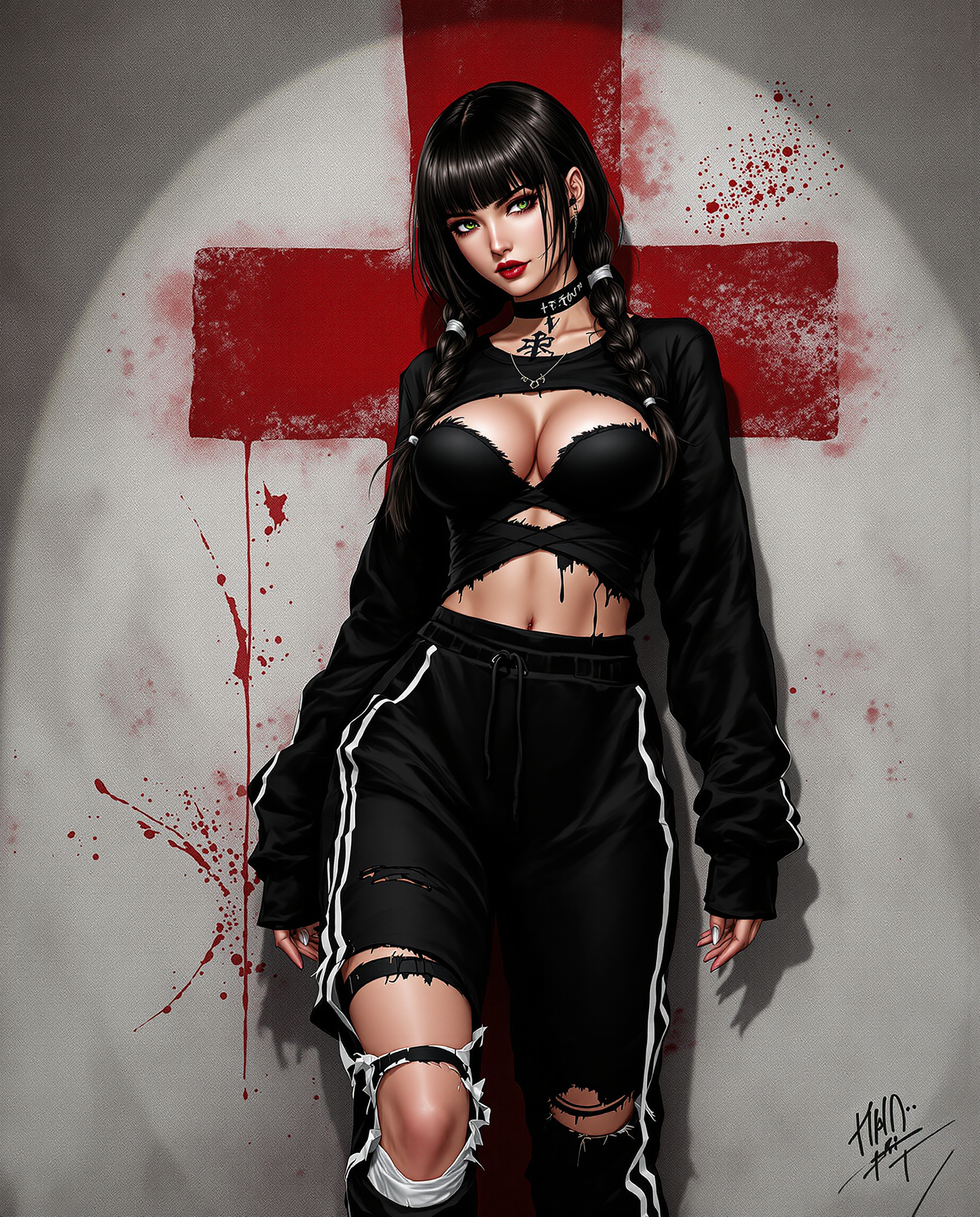 This is a realistic photo (photograph) of a female real person illustration that features a character with a striking and detailed appearance. The art style is realistic, with a focus on exaggerated features and a dynamic composition. The medium appears to be digital, given the smooth gradients and the crispness of the lines.The character is wearing a black ensemble that consists of a longsleeved top with a plunging neckline and a matching pair of sweatpants with a white stripe down the leg. The top has a torn design that reveals a glimpse of the characters midriff, and the sweatpants have a distressed look with a torn knee. The outfit is completed with white socks that are pulled up to midcalf, and the character is wearing black boots.The characters hair is long and dark, with bangs that frame the face. It is styled in two braids that hang down the back, secured with white bands. There are also tattoos visible on the characters neck and upper arms, adding to the edgy aesthetic.The background is a textured wall with a faded red symbol that resembles a cross, giving the impression of a worn or possibly abandoned space. The wall is also splattered with red, which could be interpreted as blood or paint, adding to the dramatic effect of the scene.The color palette is primarily black and white, with splashes of red that stand out against the muted tones of the wall. The use of shadow and highlights gives the image a threedimensional quality, and the overall composition is dynamic, with the characters pose and the positioning of the arms and legs creating a sense of movement.Overall, the image is a blend of edgy fashion, dramatic poses, and a gritty, urban backdrop, all rendered with the detailed and expressive style of realism art.