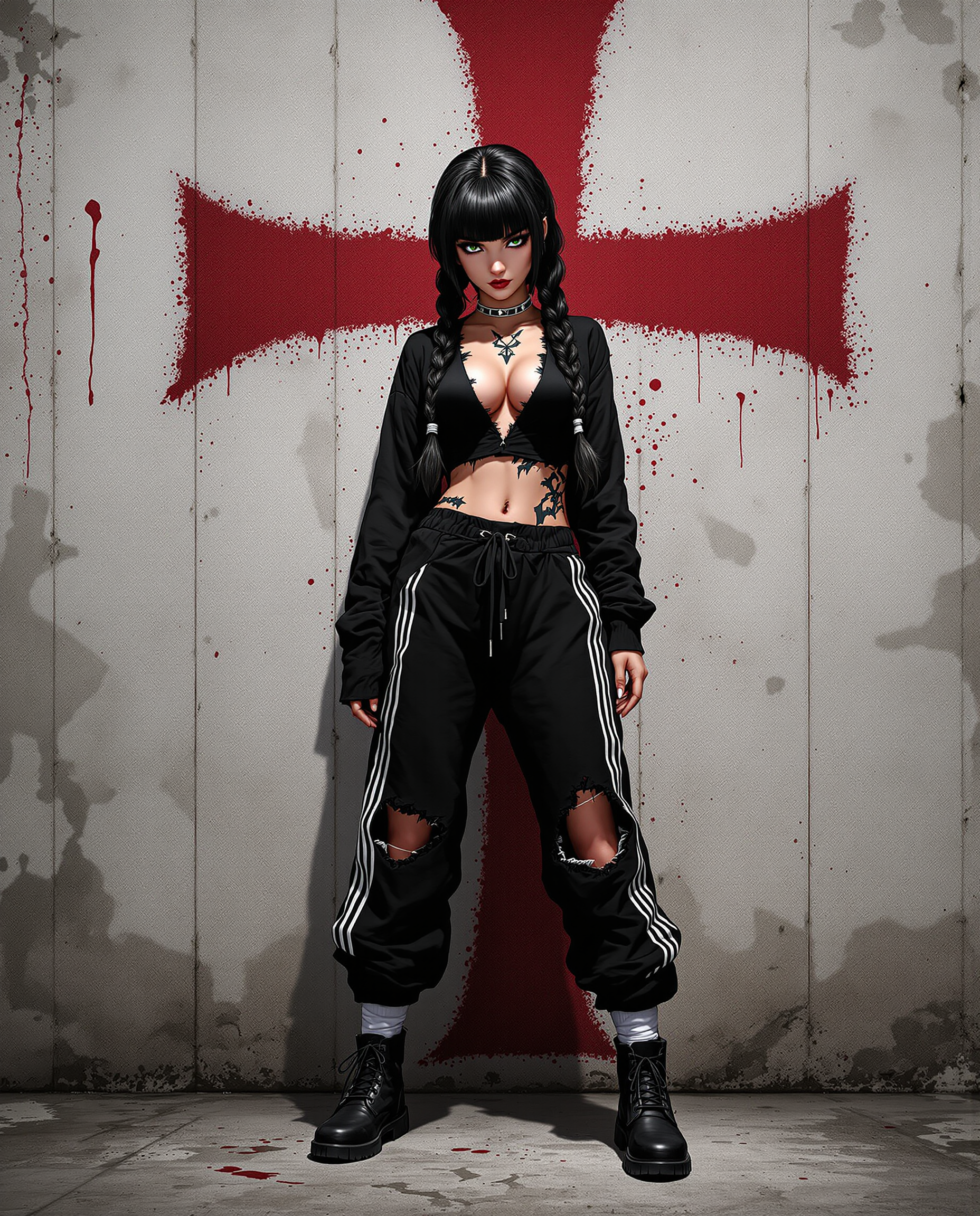 This is a realistic photo (photograph) of a female real person illustration that features a character with a striking and detailed appearance. The art style is realistic, with a focus on exaggerated features and a dynamic composition. The medium appears to be digital, given the smooth gradients and the crispness of the lines.The character is wearing a black ensemble that consists of a longsleeved top with a plunging neckline and a matching pair of sweatpants with a white stripe down the leg. The top has a torn design that reveals a glimpse of the characters midriff, and the sweatpants have a distressed look with a torn knee. The outfit is completed with white socks that are pulled up to midcalf, and the character is wearing black boots.The characters hair is long and dark, with bangs that frame the face. It is styled in two braids that hang down the back, secured with white bands. There are also tattoos visible on the characters neck and upper arms, adding to the edgy aesthetic.The background is a textured wall with a faded red symbol that resembles a cross, giving the impression of a worn or possibly abandoned space. The wall is also splattered with red, which could be interpreted as blood or paint, adding to the dramatic effect of the scene.The color palette is primarily black and white, with splashes of red that stand out against the muted tones of the wall. The use of shadow and highlights gives the image a threedimensional quality, and the overall composition is dynamic, with the characters pose and the positioning of the arms and legs creating a sense of movement.Overall, the image is a blend of edgy fashion, dramatic poses, and a gritty, urban backdrop, all rendered with the detailed and expressive style of realism art.