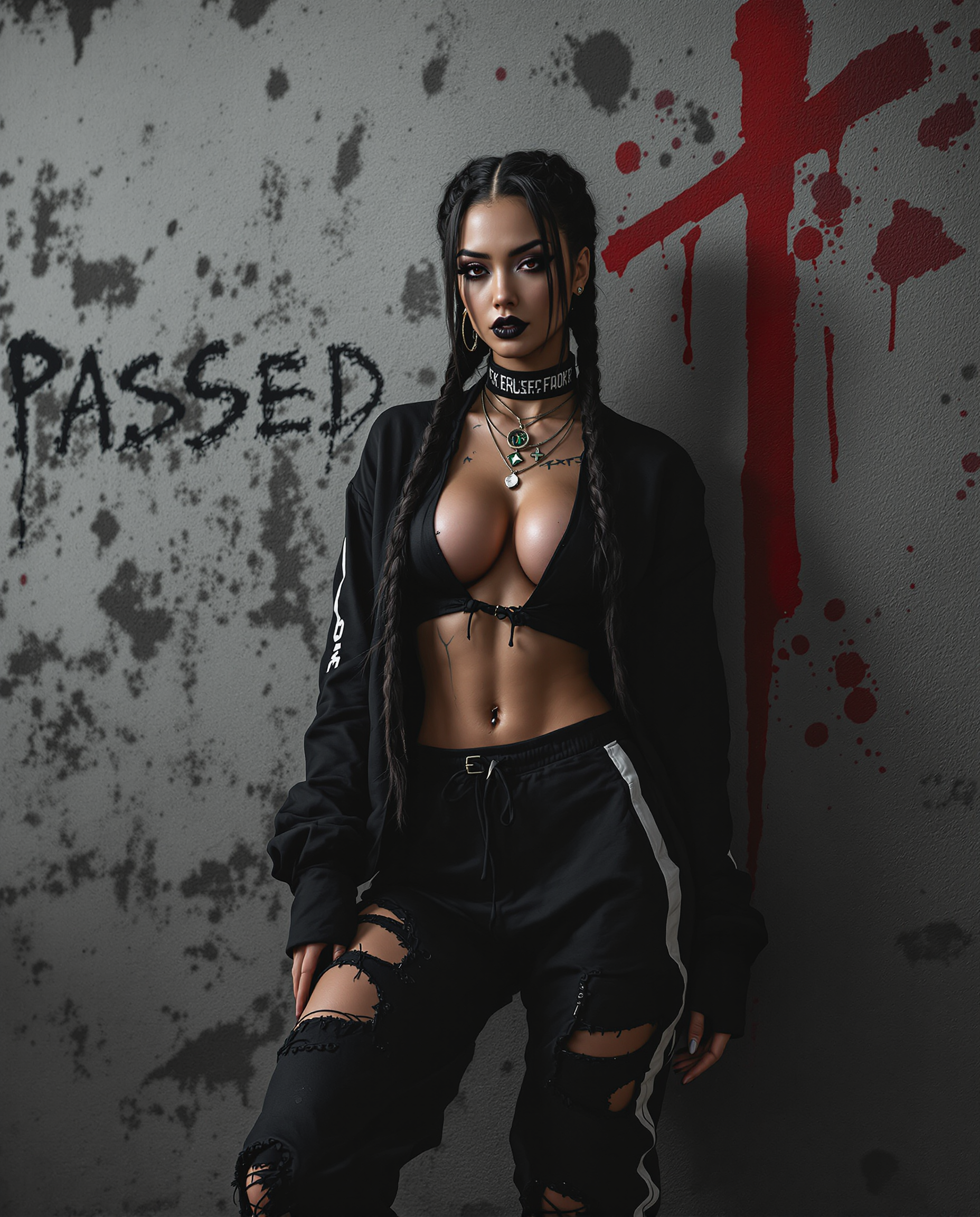 A hyper-realistic DSLR photo of a striking female character with exaggerated, detailed features, captured in a dynamic pose that conveys movement, shot with a 50mm lens for a shallow depth of field. She wears a bold black ensemble—a long-sleeved top with a plunging neckline and torn midriff, distressed sweatpants with a white stripe and torn knee, white mid-calf socks, and black boots—complemented by long dark hair in twin braids with white bands, and edgy tattoos on her neck and arms. The gritty urban background features a textured, weathered wall with a faded red cross symbol and splattered red accents, illuminated by cinematic lighting with deep shadows and vivid highlights in a stark black, white, and red palette, rendered in stunning 8K detail.