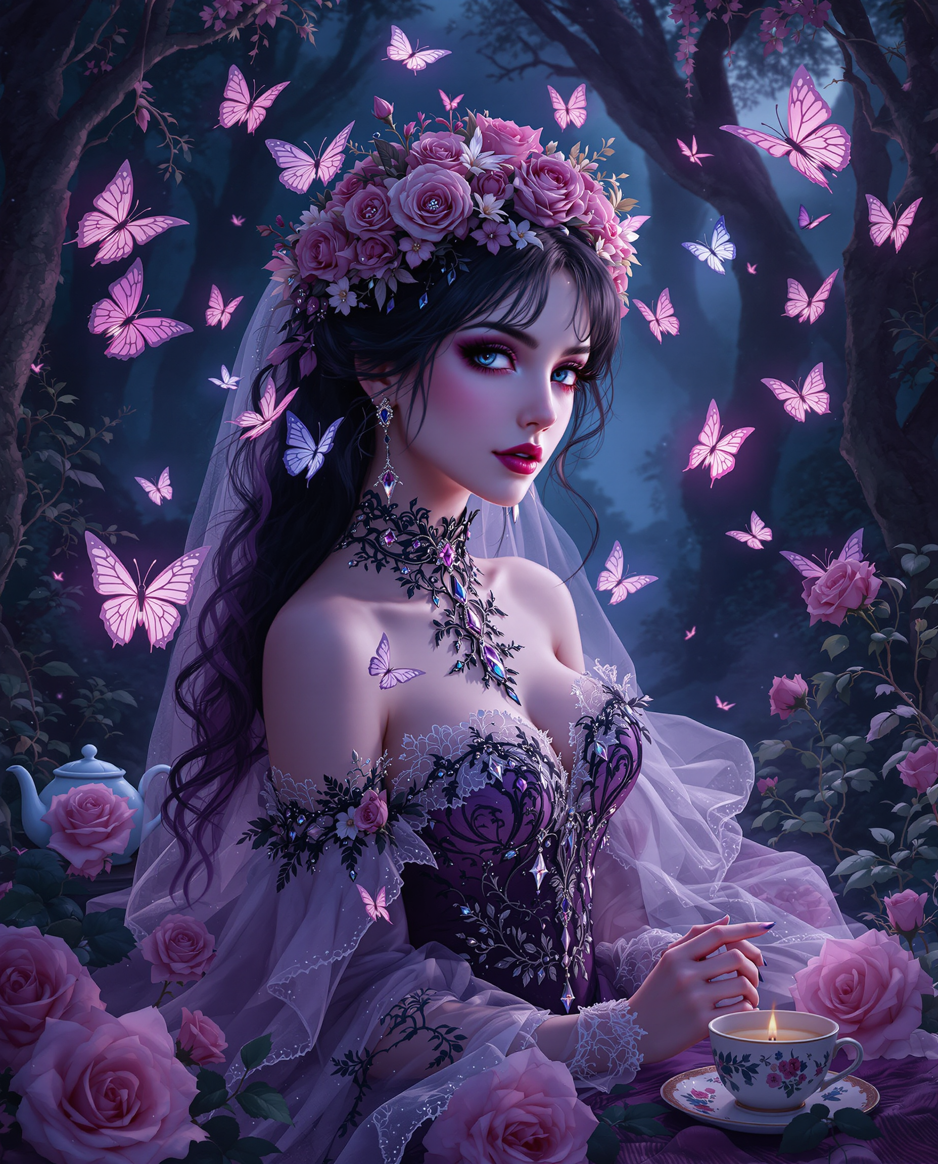 This image is a realistic photo (photograph) of a female real person digital illustration that exudes a gothic and romantic atmosphere. The art style is realistic with a touch of Western gothic elements, characterized by its intricate details, vibrant colors, and stylized characters.The medium appears to be a highresolution digital painting, utilizing a combination of vector and bitmap techniques to create a smooth and detailed image. The use of lighting and shadow adds depth and realism to the scene.The colors in the image are rich and varied, with a predominance of purples, pinks, and blues, which contribute to the overall gothic and dreamy ambiance. The character is adorned with lace, flowers, and butterflies, which are rendered in a gradient of purples and pinks, creating a sense of delicacy and fantasy.The objects in the image include1. The central figure, a female character, dressed in a gothic bridal outfit with lace, roses, and butterflies, which are prominent throughout the image. Her attire is detailed with beadwork, crystals, and ribbons, adding to the overall opulence and fantasy.2. Surrounding the character are several butterflies in various sizes and stages of flight, which add a sense of movement and vitality to the scene. The butterflies are depicted with a high level of detail, including their wings and antennae.3. The setting appears to be a dark, enchanted forest or garden, with trees and foliage in the background. The lighting and shadows suggest a twilight or moonlit scene, adding to the mystical and romantic atmosphere.4. There are also several roses scattered throughout the image, which complement the bridal theme and add to the romantic and gothic elements.5. In the background, there is a teapot and a cup, which could imply a tea party or a moment of relaxation in the midst of the fantastical surroundings.Overall, the image is a rich and detailed depiction of a gothic fantasy scene, with a focus on the central character and her surroundings, creating a sense of enchantment and mystery.