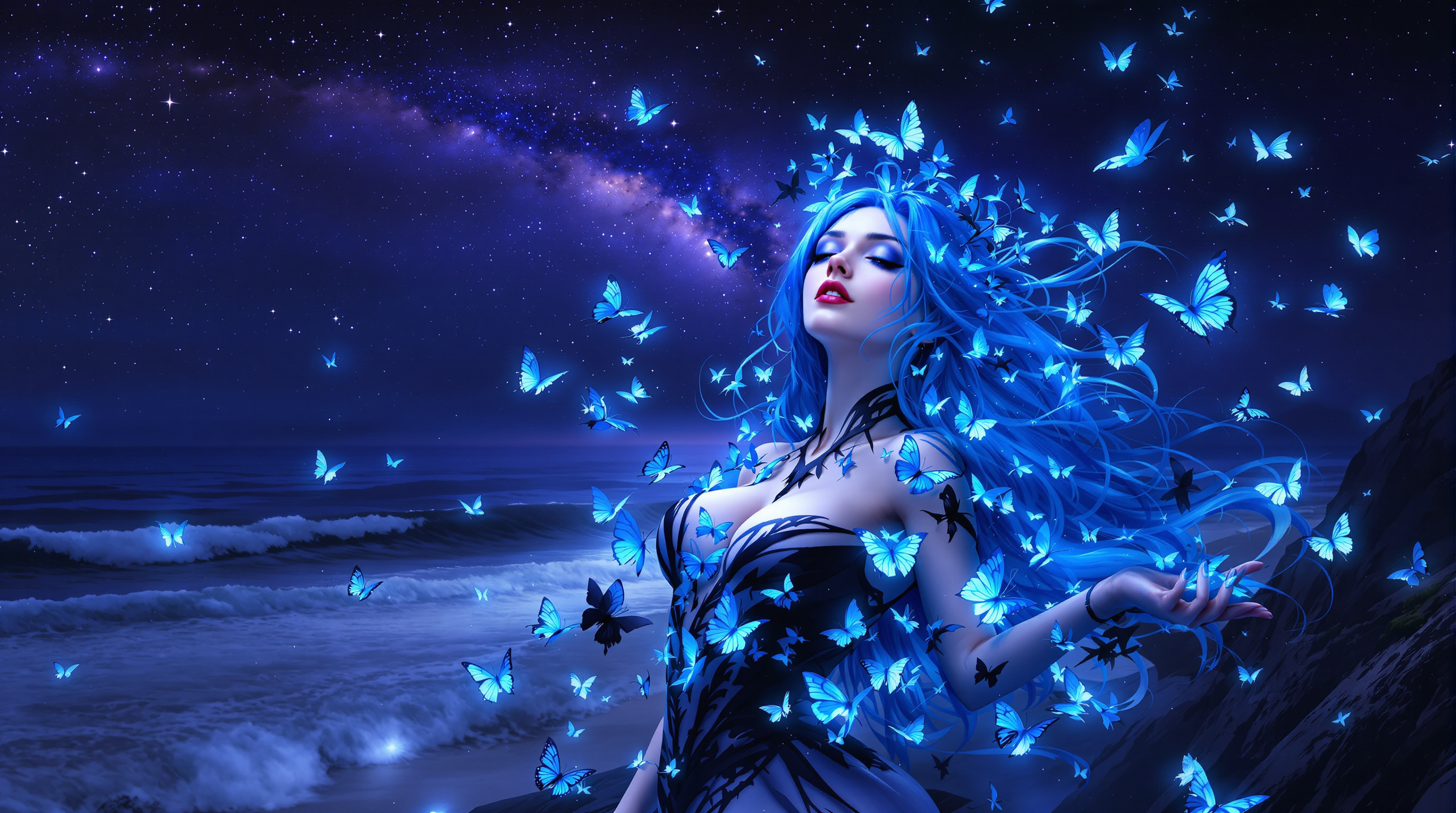 This is a realistic photo (photograph) of a female real person image that exudes a sense of fantasy and otherworldliness. The art style is reminiscent of digital painting with a high level of detail and attention to texture and light. The medium appears to be a blend of digital painting and possibly some form of 3D modeling, given the smoothness of the skin and the intricate details of the clothing.The colors in the image are predominantly cool tones, with a predominance of blues and purples. The sky is a deep, starry night, with a milky way that adds to the otherworldly feel of the scene. The characters hair is a striking shade of blue, which contrasts beautifully with the black and white of her outfit. The butterflies are a vivid blue, which stands out against the darker background.The objects in the image are numerous and varied. The central figure is a woman with long, flowing blue hair and a white and blue outfit that seems to blend with the butterflies around her. She is surrounded by a multitude of butterflies, some resting on her hair and clothing, others fluttering around her. The ocean stretches out behind her, with waves crashing against the shore. The stars in the sky are numerous and bright, and the milky way is prominent, adding to the cosmic feel of the scene.Overall, the image is a stunning blend of fantasy and reality, with a focus on the interplay between the character and her surroundings. The use of light and shadow adds depth and realism to the scene, while the butterflies and the ocean create a sense of movement and life.