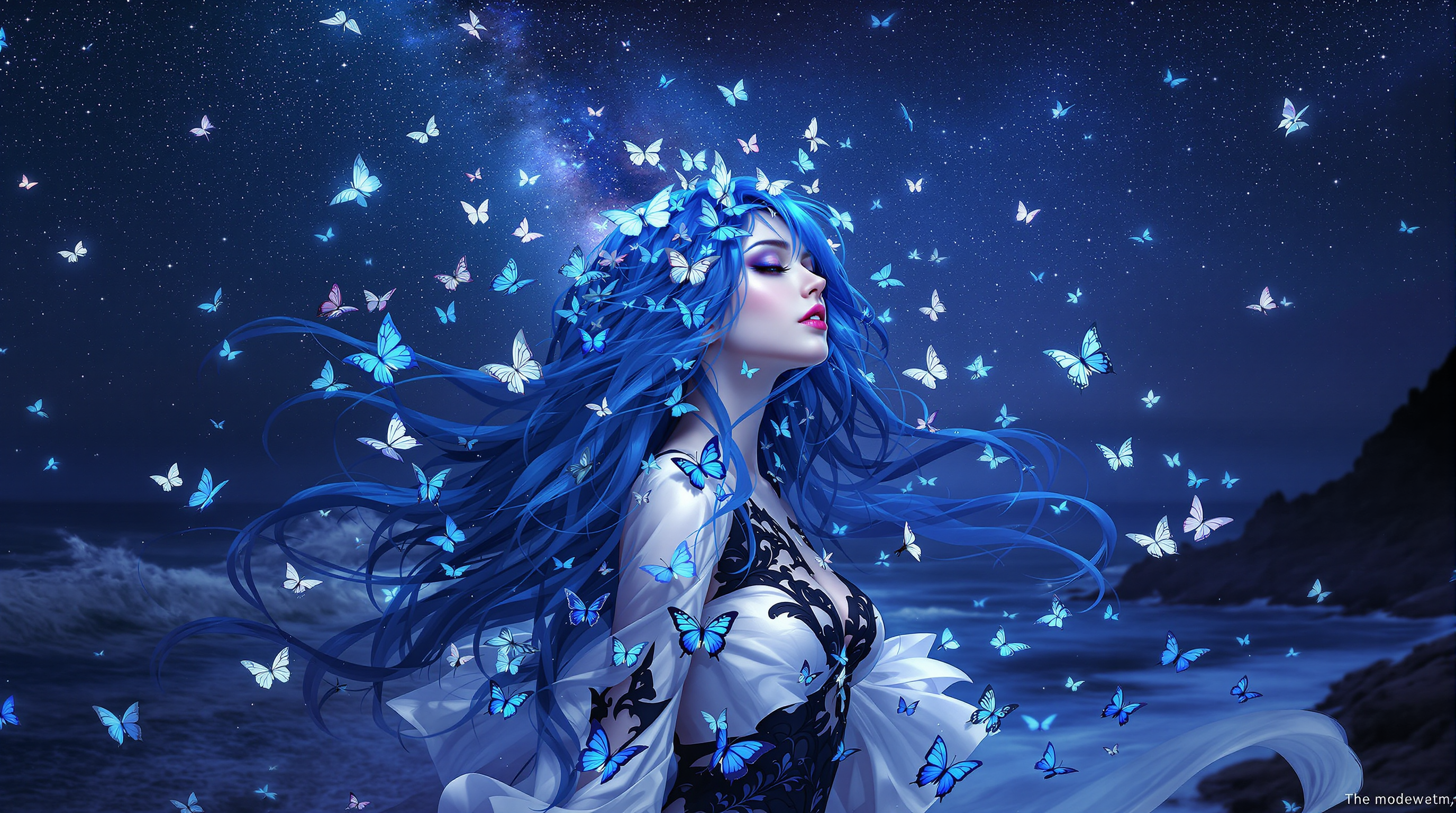 This is a realistic photo (photograph) of a female real person image that exudes a sense of fantasy and otherworldliness. The art style is reminiscent of digital painting with a high level of detail and attention to texture and light. The medium appears to be a blend of digital painting and possibly some form of 3D modeling, given the smoothness of the skin and the intricate details of the clothing.The colors in the image are predominantly cool tones, with a predominance of blues and purples. The sky is a deep, starry night, with a milky way that adds to the otherworldly feel of the scene. The characters hair is a striking shade of blue, which contrasts beautifully with the black and white of her outfit. The butterflies are a vivid blue, which stands out against the darker background.The objects in the image are numerous and varied. The central figure is a woman with long, flowing blue hair and a white and blue outfit that seems to blend with the butterflies around her. She is surrounded by a multitude of butterflies, some resting on her hair and clothing, others fluttering around her. The ocean stretches out behind her, with waves crashing against the shore. The stars in the sky are numerous and bright, and the milky way is prominent, adding to the cosmic feel of the scene.Overall, the image is a stunning blend of fantasy and reality, with a focus on the interplay between the character and her surroundings. The use of light and shadow adds depth and realism to the scene, while the butterflies and the ocean create a sense of movement and life.