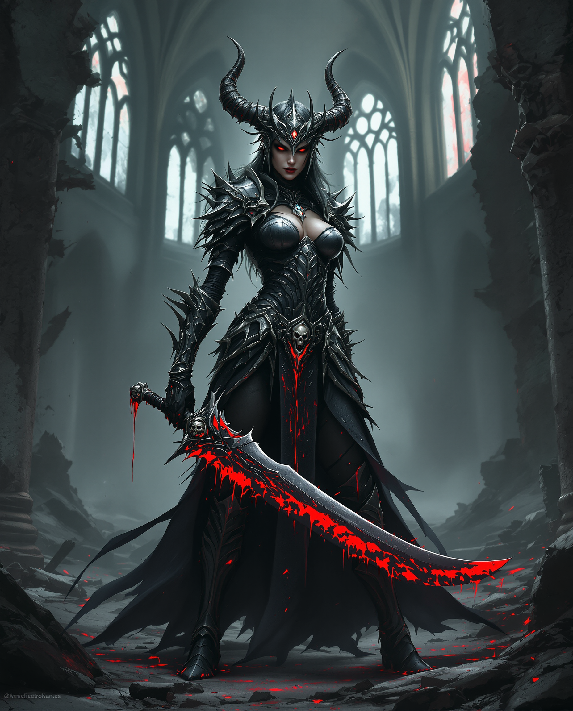 A strikingly detailed digital painting of a female warrior in a dark fantasy setting, captured with a photorealistic quality reminiscent of a high-end DSLR photo using a 50mm lens and shallow depth of field. She stands in full black armor with silver and red accents, intricate spikes, and a horned helmet, wielding a large, cursed sword with a bloodstained, jagged blade, a glowing red gem, and a skull-adorned hilt, exuding menace and horror. The scene unfolds in a ruined gothic cathedral with shattered stained glass and debris, illuminated by dramatic, cinematic lighting that spotlights the warrior against a muted palette of blacks, grays, and haunting reds.