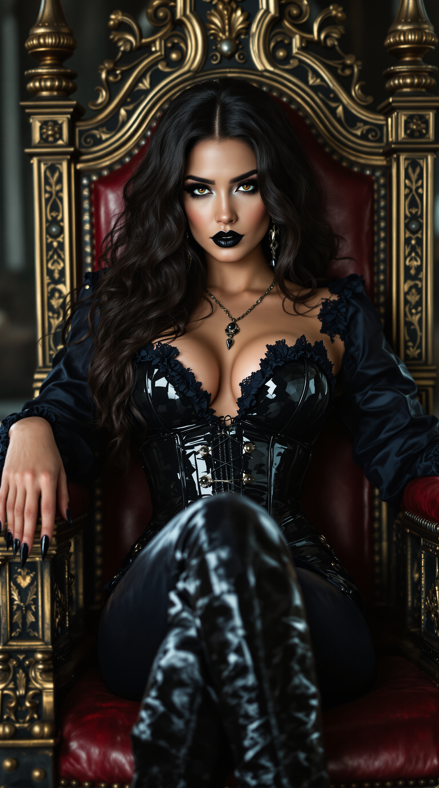 A mid-20s Italian-American woman with a soft tan and striking dark brown eyes reclines confidently on an ornate throne in a grand medieval-style throne room, exuding gothic elegance. Her shiny black lipstick, thick goth makeup, and claw-length black nails complement her wavy, thick, curly dark brown hair cascading to her waist, while a shiny black latex corset, dark blue latex blouse, pants, and knee-high boots gleam under soft, dramatic lighting, captured in stunning 8K cinematic detail with shallow depth of field.
