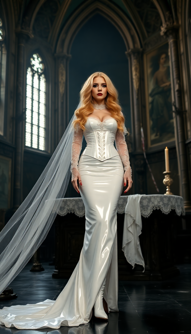 Golden haired her hair falls to her knees in thick heavy waves and wild curls. mid 20s, vampire queen, shiny blood red lips and long shiny blood red claw-length nails. Dressed in a floor length shiny white latex wedding gown with a shiny white latex corset, white lace sleeves and gloves. Shiny white latex thigh-high boots with 7 inch heels. Standing at a desecrated altar in a dark, ruined cathedral.