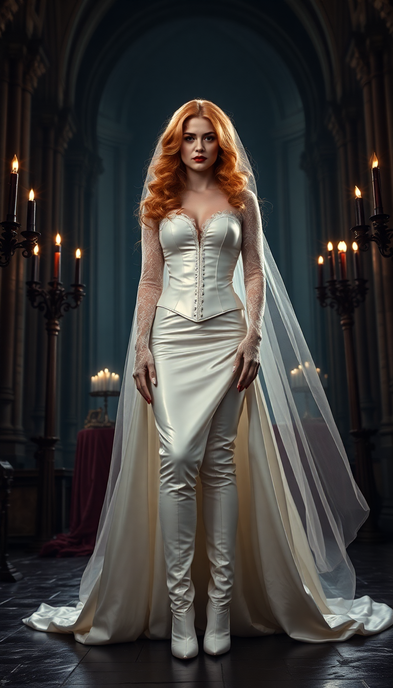 Golden haired her hair falls to her knees in thick heavy waves and wild curls. mid 20s, vampire queen, shiny blood red lips and long shiny blood red claw-length nails. Dressed in a floor length shiny white latex wedding gown with a shiny white latex corset, white lace sleeves and gloves. Shiny white latex thigh-high boots with 7 inch heels. Standing at a desecrated altar in a midnight dark, ruined cathedral, lit only by candelabrasholdingtall black candles.