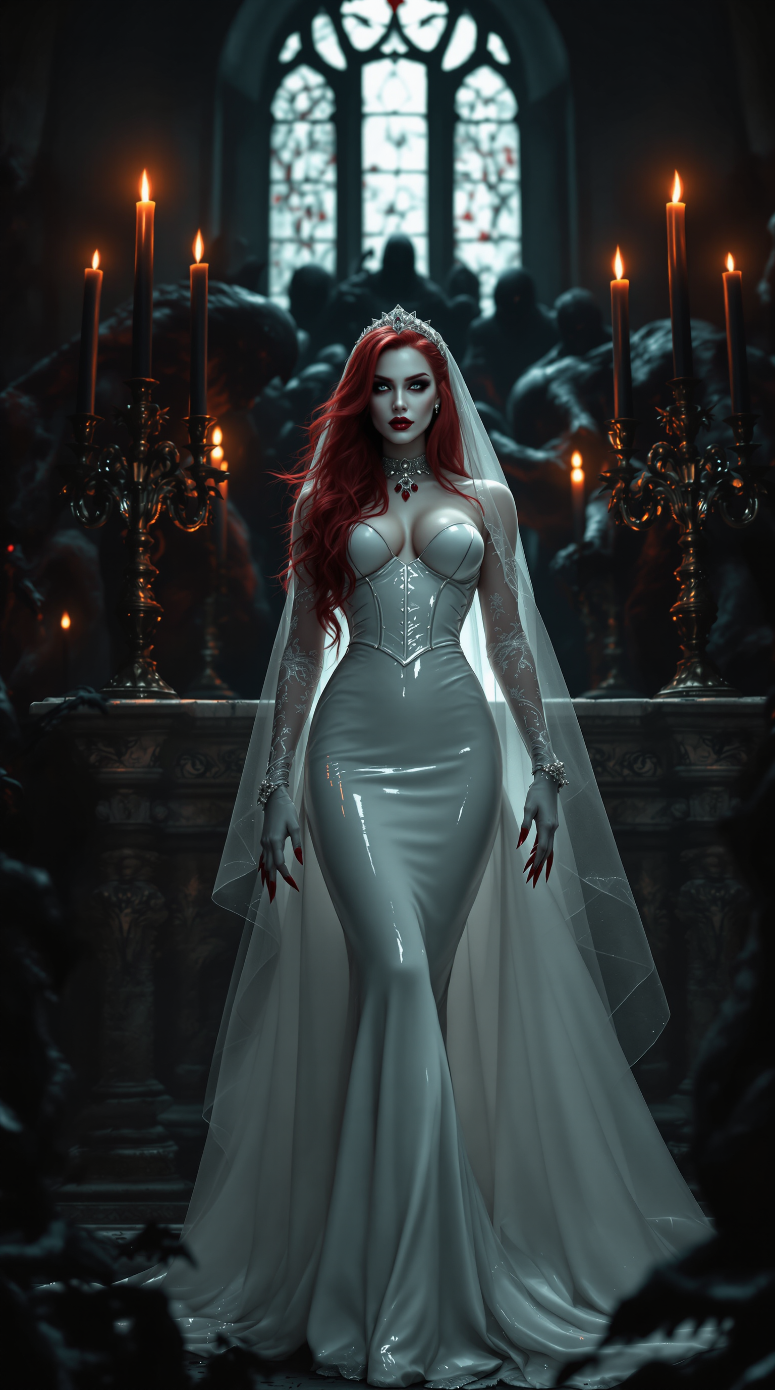 A striking vampire queen in her mid-20s stands dominantly at a desecrated altar in a midnight-dark, ruined cathedral, illuminated by the eerie, flickering glow of tall black candles in ornate candelabras. Her blood red hair cascades to her knees in thick, wild waves, framing a pale, haunting face with bold gothic makeup, shiny blood-red lips, and claw-length blood-red nails, while she wears a floor-length shiny white latex wedding gown with a corset, lace sleeves, veil, fingerless gloves, and thigh-high boots with 7-inch heels, adorned with elegant ruby and gold jewelry. Shadowy monsters loom ominously around her, their forms barely discernible in the haunting, cinematic lighting of this high-detail 8K DSLR photo, captured with a 50mm lens and shallow depth of field.