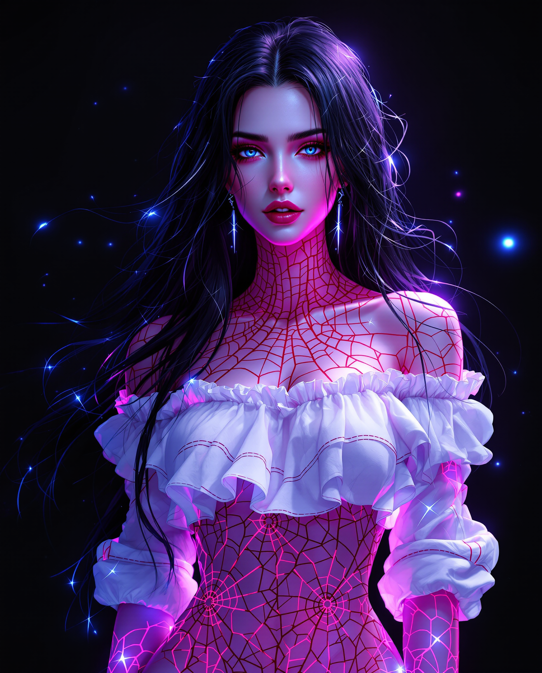 A stunning digital painting of a female character with a striking, mystical presence, captured in a photorealistic style as if taken with a DSLR camera using a 50mm lens for a shallow depth of field. Her long, flowing hair cascades down her back in deep black with luminous hints of blue and purple, adorned with glowing tendrils of energy, while she wears a white off-the-shoulder top with a ruffled collar, intricate red web-like patterns outlined in black, and rolled-up sleeves. Set against a solid black background, her pale pink skin with a gradient to deeper pink and glowing blue energy lines tracing her form creates a dramatic, vivid contrast, enhanced by cinematic lighting and 8K detail.
