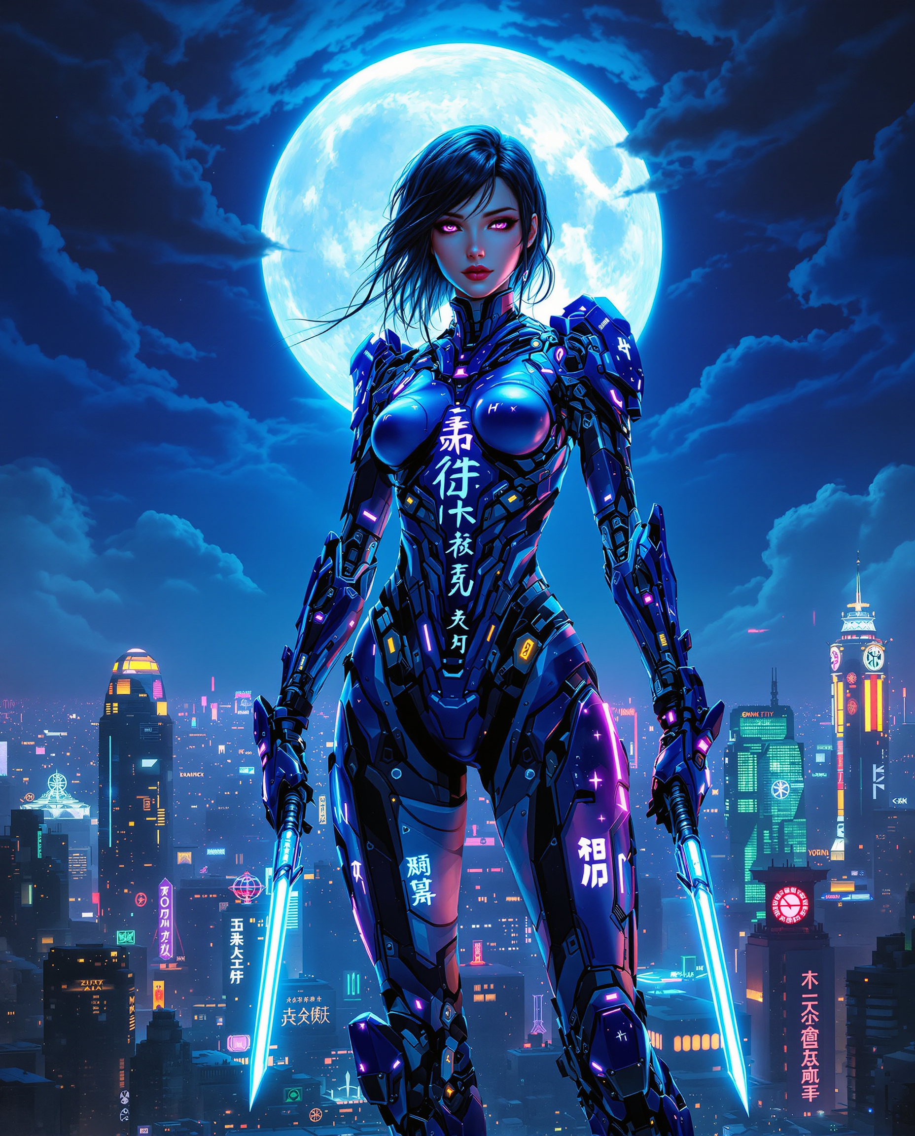 A striking cyberpunk digital painting of a female figure standing confidently against a vast night cityscape, illuminated by a luminous full moon in a deep blue sky with wispy clouds. She wears a highly detailed cybernetic suit in rich blues and purples with neon accents, featuring translucent segments revealing intricate mechanical joints, glowing Chinese characters, and a fusion of organic and technological elements, while holding luminescent, neon-lit dagger-like objects. The futuristic city below blends modern skyscrapers and traditional architecture with vibrant neon signs, captured in stunning clarity with smooth gradients and a vivid color palette.
