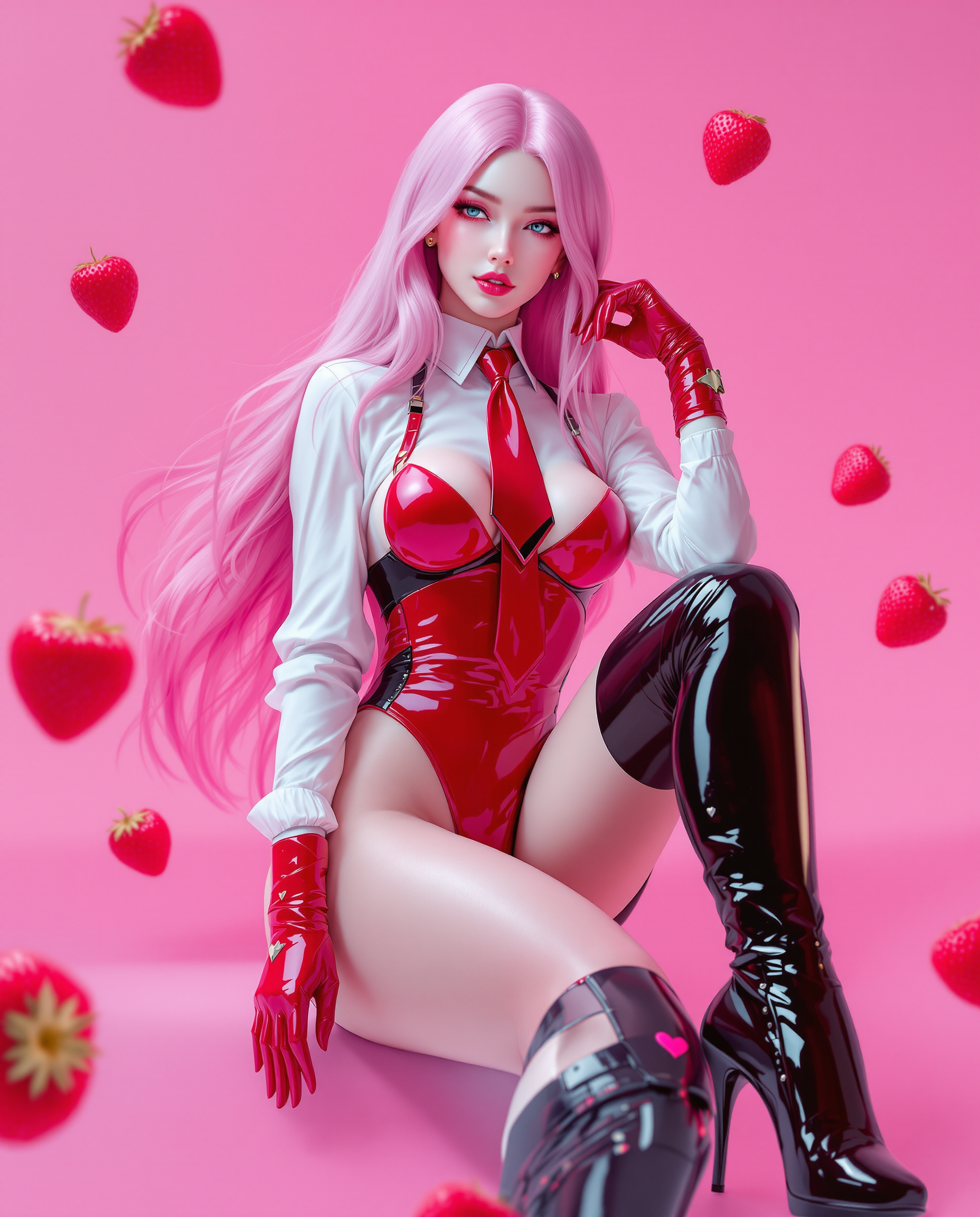 A stunning, photorealistic digital painting of a female character with long, flowing pink hair and a pale complexion, dressed in a futuristic outfit featuring a white high-collared blouse, a shiny red and black patent leather-like bodysuit with a heart motif, red gloves, a matching tie, and black thigh-high heeled boots. She poses relaxed, one hand on her thigh, the other touching her hair, against a vibrant pink gradient backdrop with floating bright red strawberries, captured with cinematic lighting, smooth lines, glossy textures, and 8K detail for a striking, three-dimensional effect.